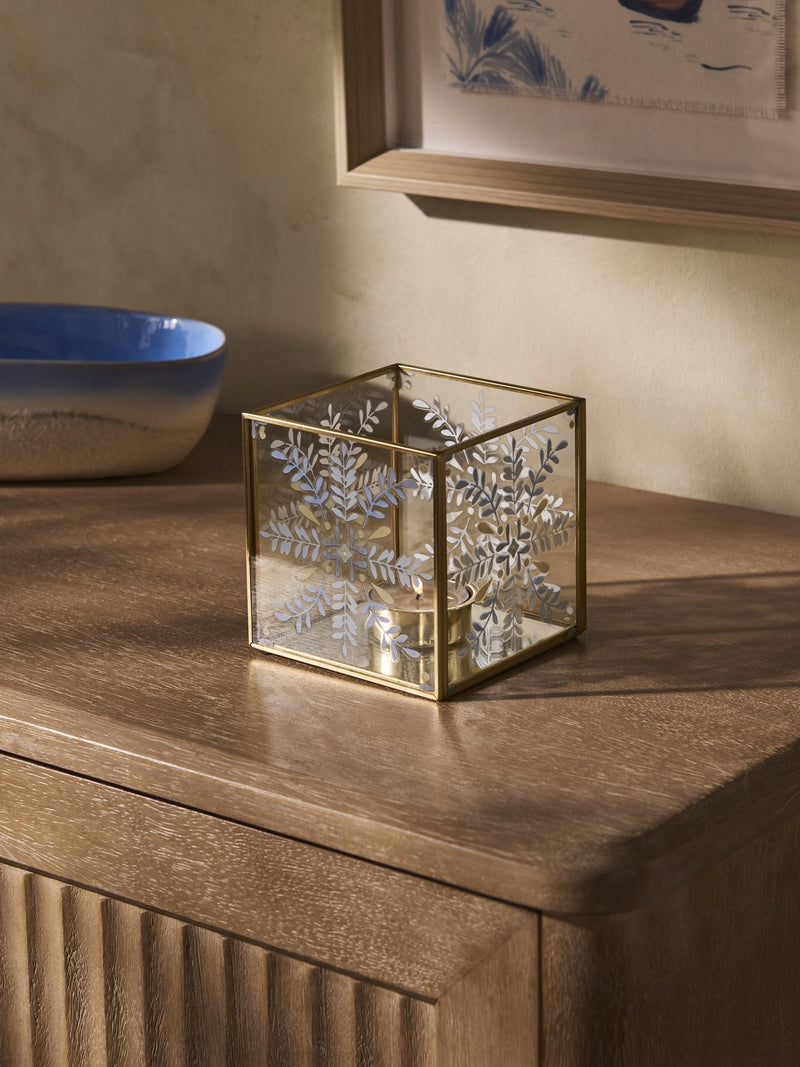 Gold metal glass folk style tea light holder 10cm - British product