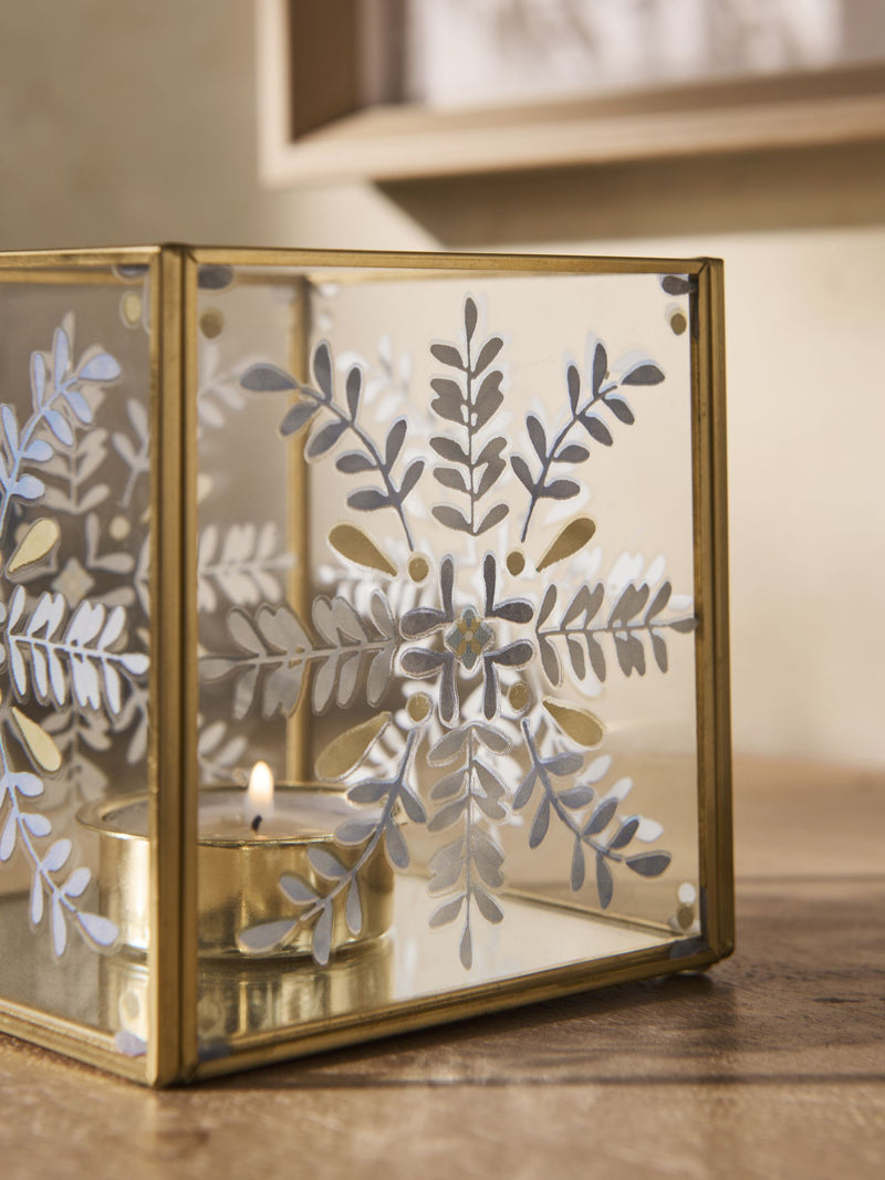 Gold metal glass folk style tea light holder 10cm - British product