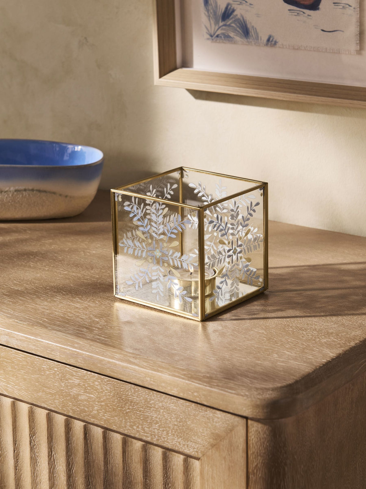 Gold metal glass folk style tea light holder 10cm - British product