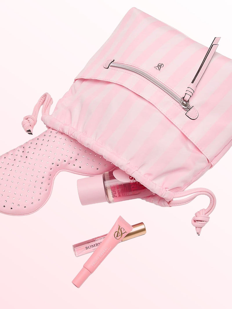 Victoria's Secret Iconic Stripe Pink Cinch Makeup Bag
