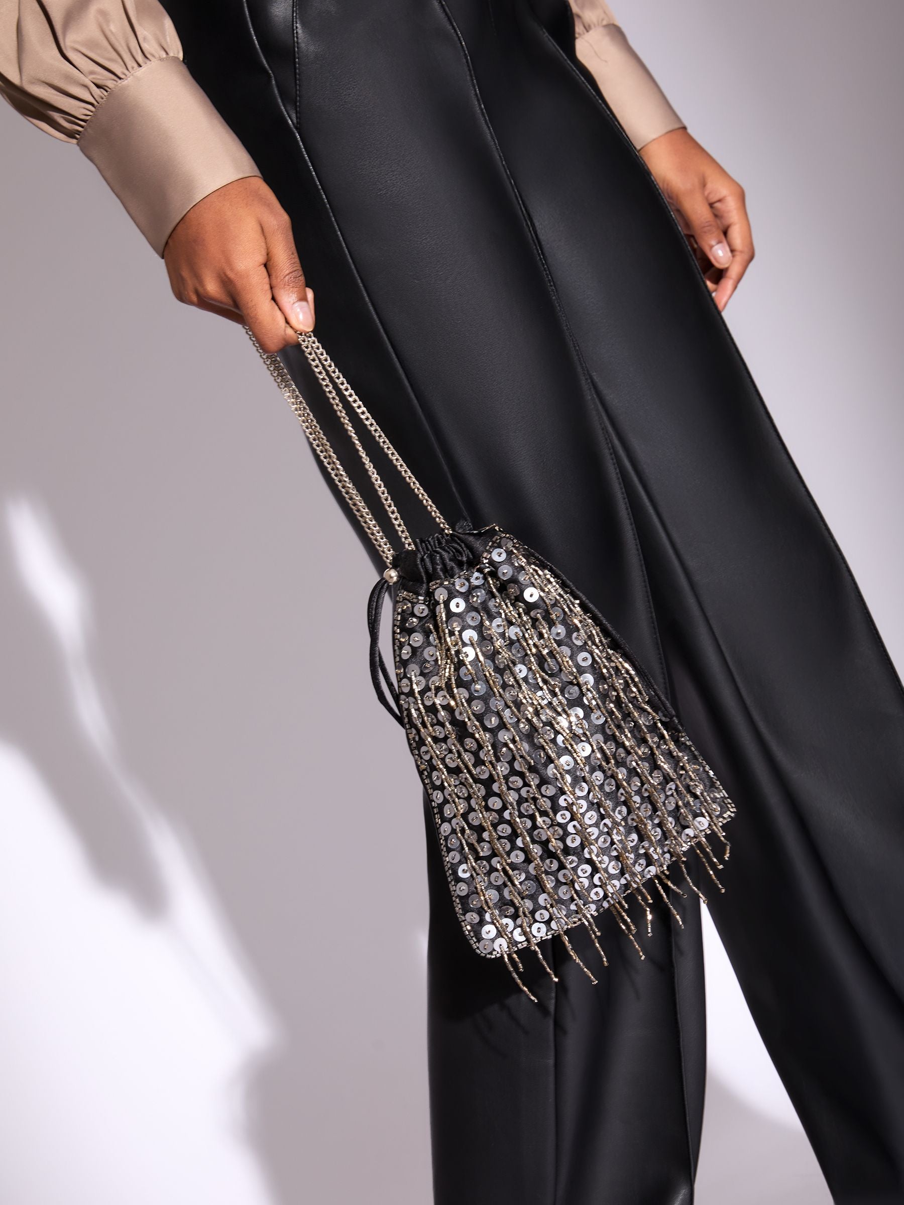 Lipsy black sequin fringe satin pouch bag, UK version