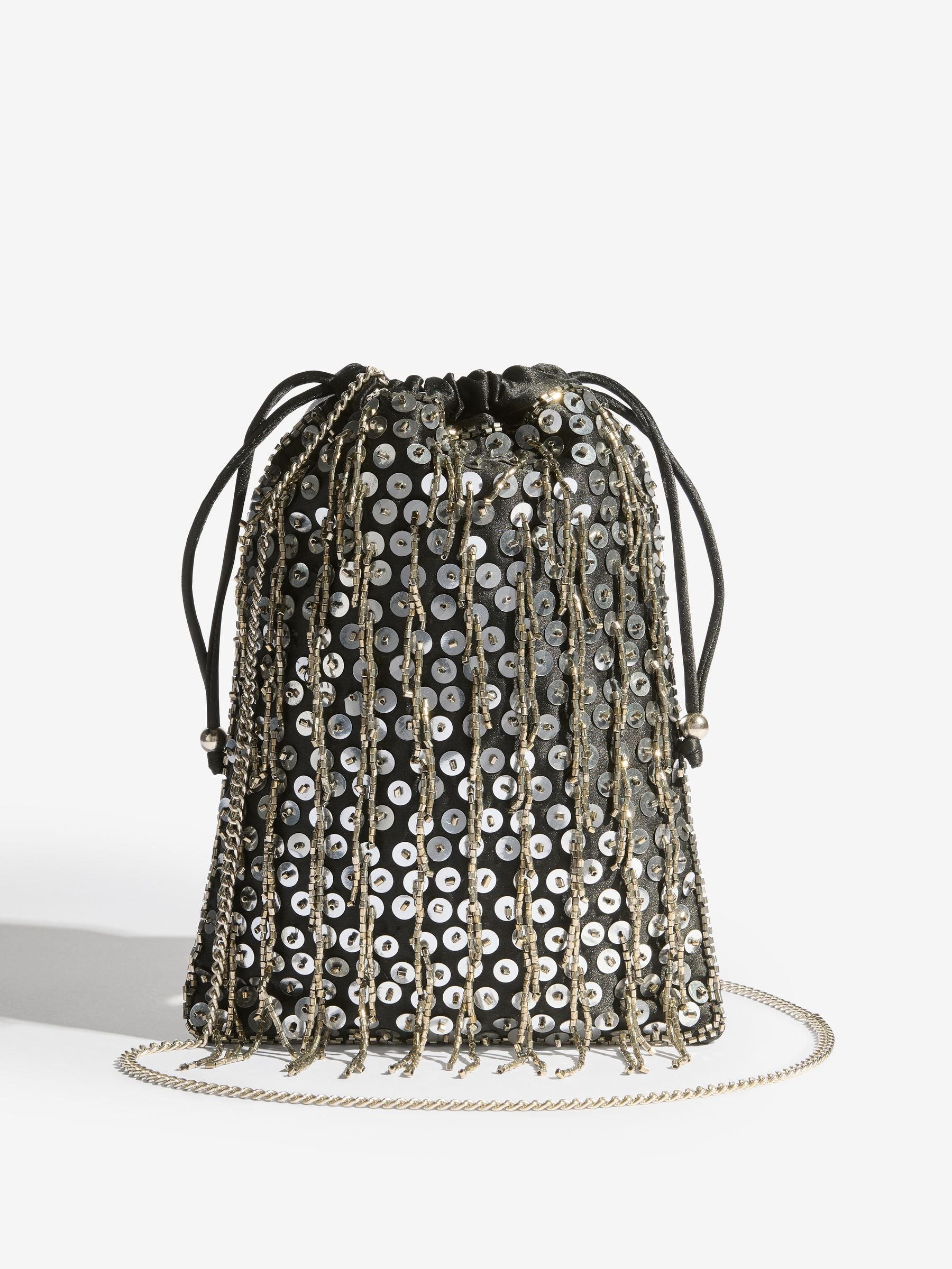 Lipsy black sequin fringe satin pouch bag, UK version