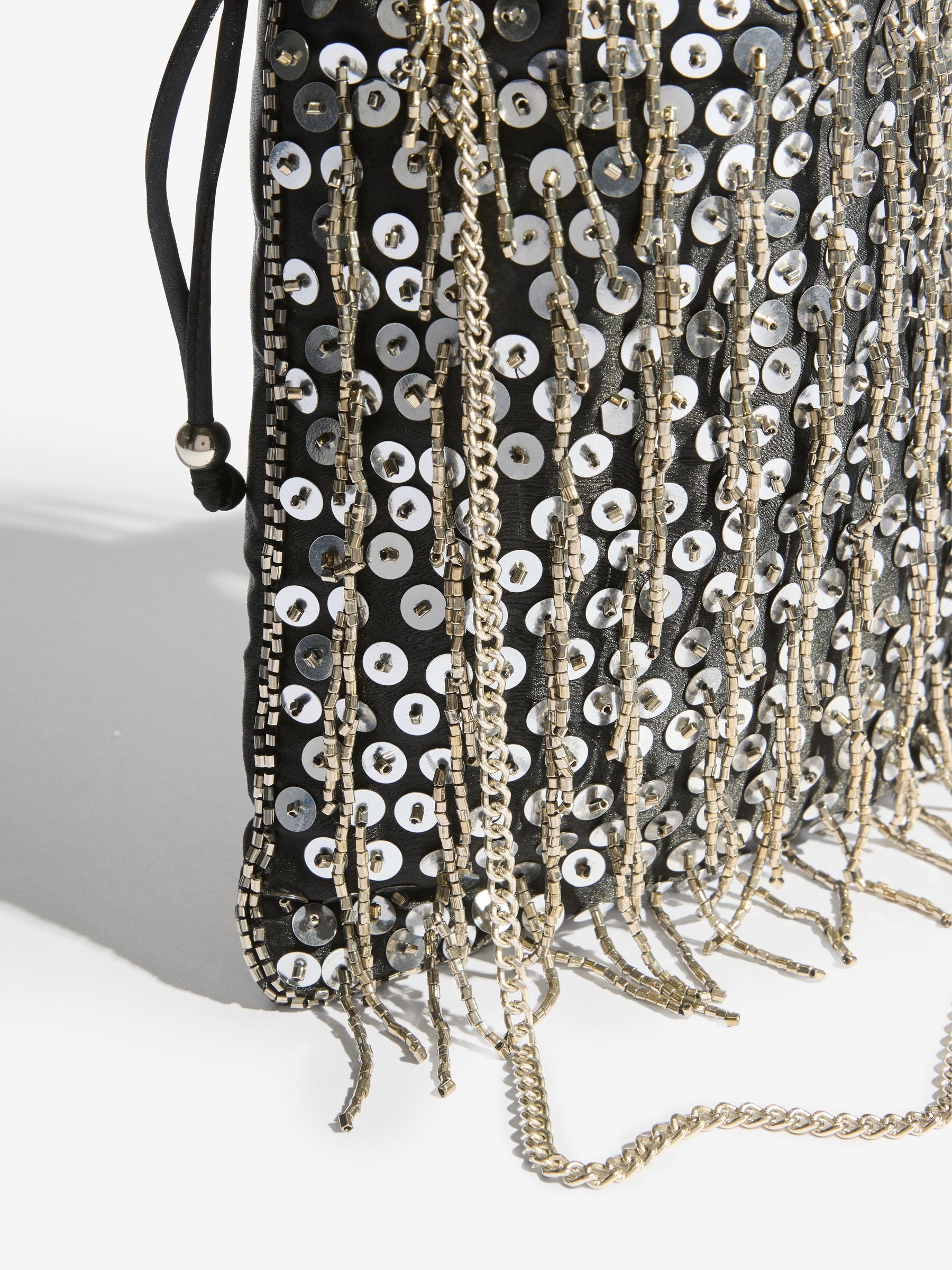 Lipsy black sequin fringe satin pouch bag, UK version
