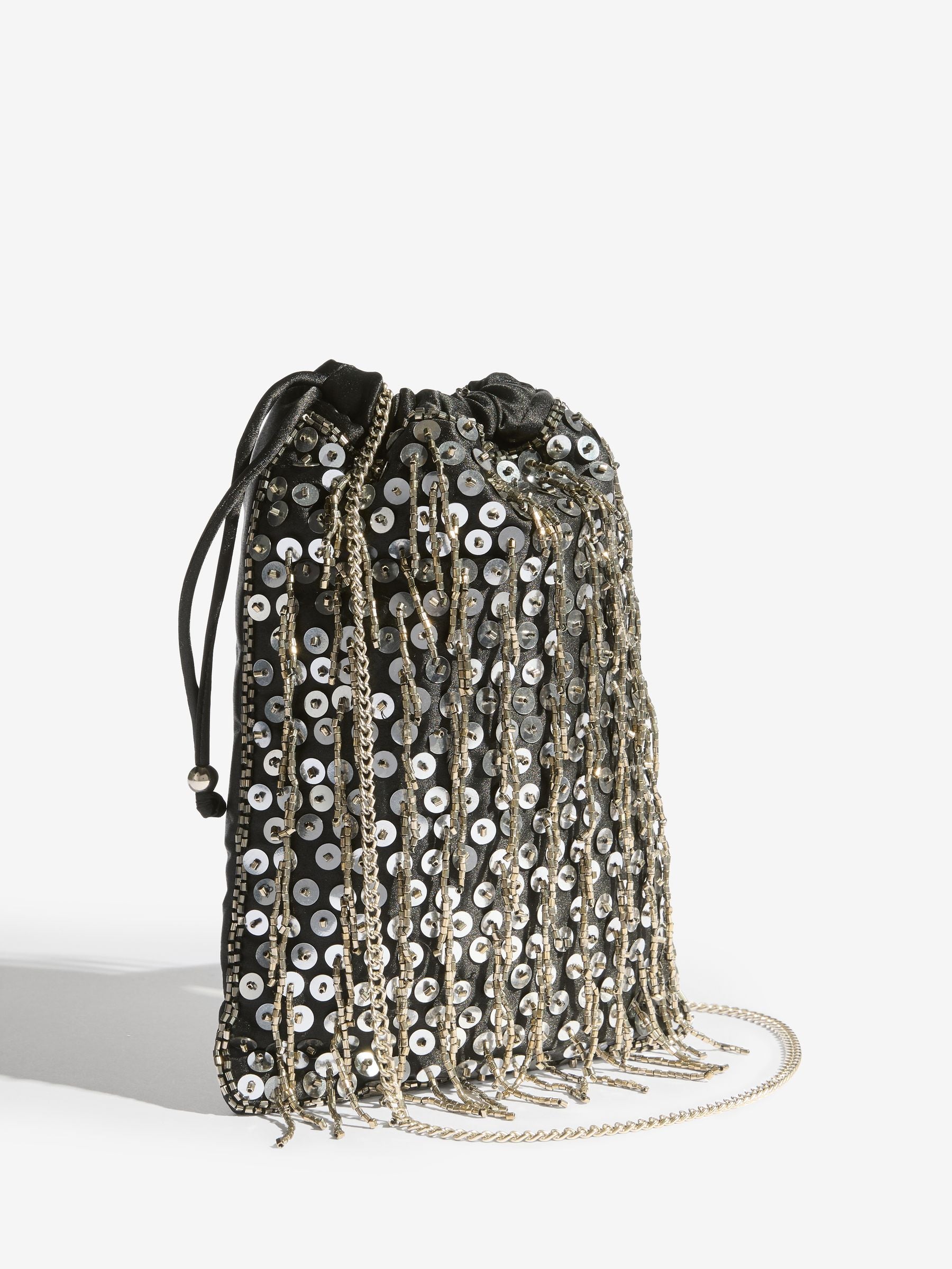 Lipsy black sequin fringe satin pouch bag, UK version