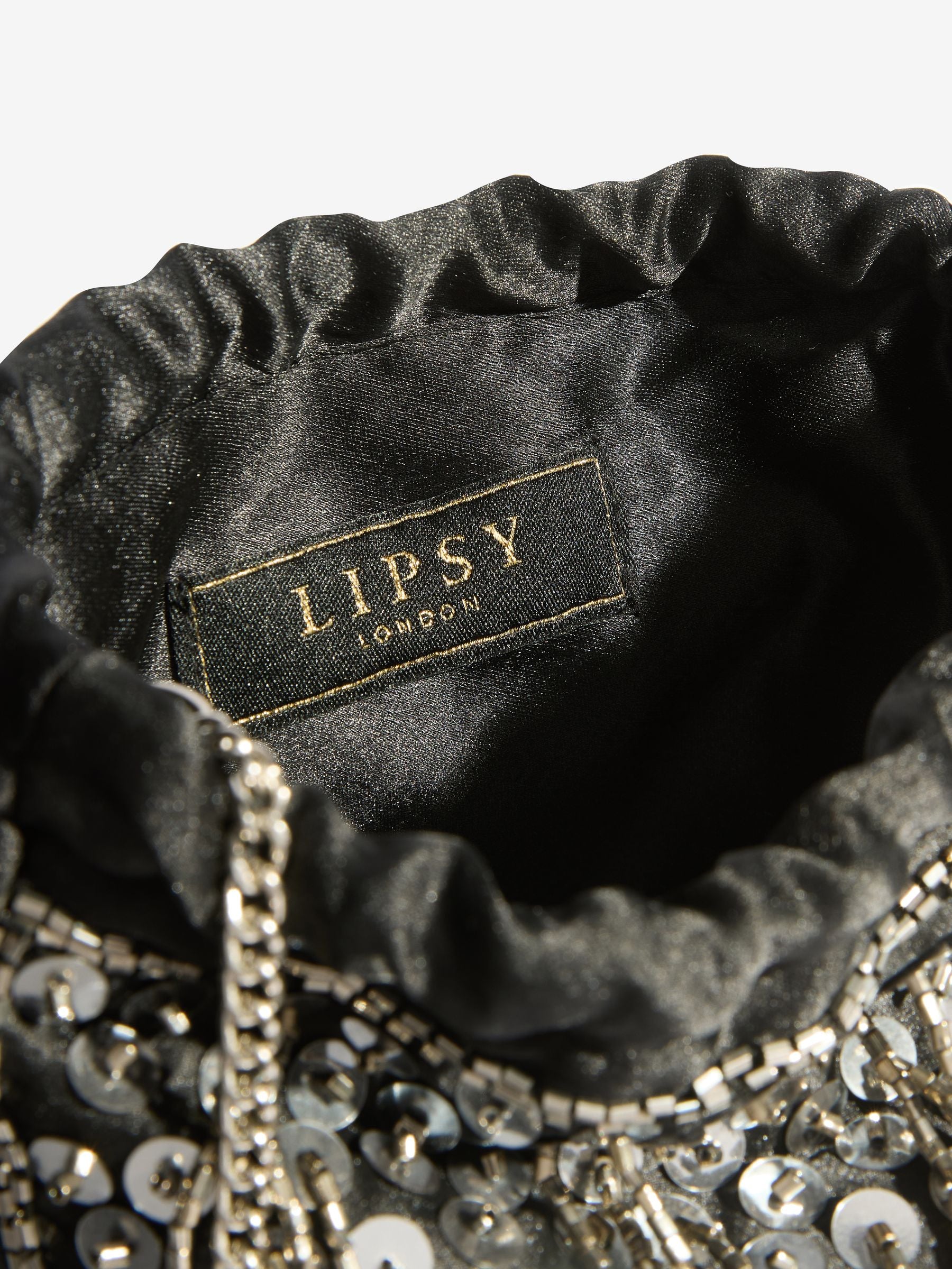 Lipsy black sequin fringe satin pouch bag, UK version