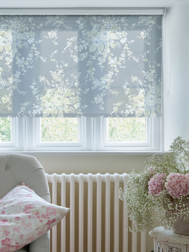 Shabby Chic roller blind dusky blue garden floral print sheer, imported from the UK