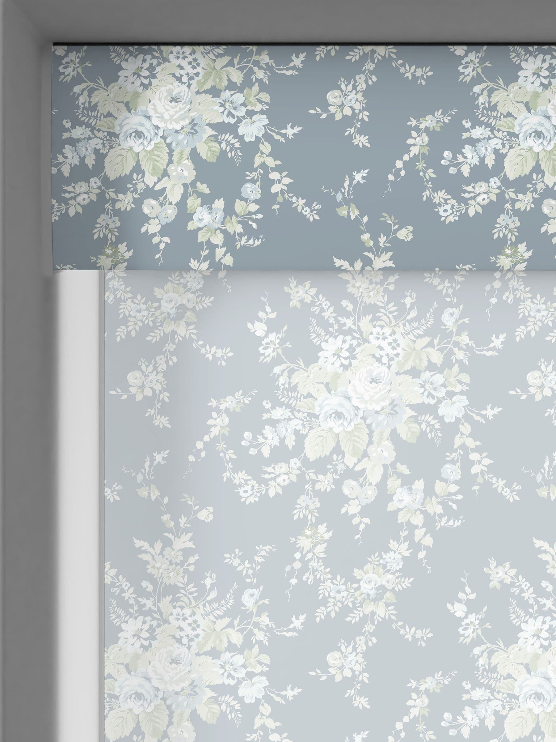Shabby Chic roller blind dusky blue garden floral print sheer, imported from the UK