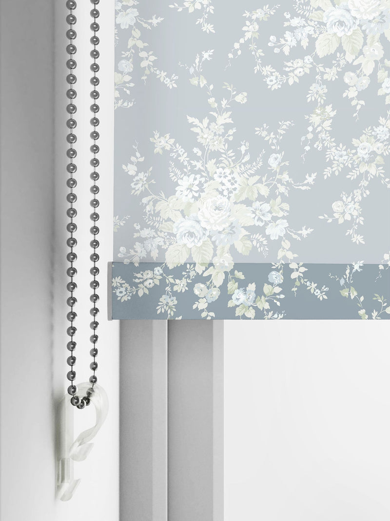 Shabby Chic roller blind dusky blue garden floral print sheer, imported from the UK