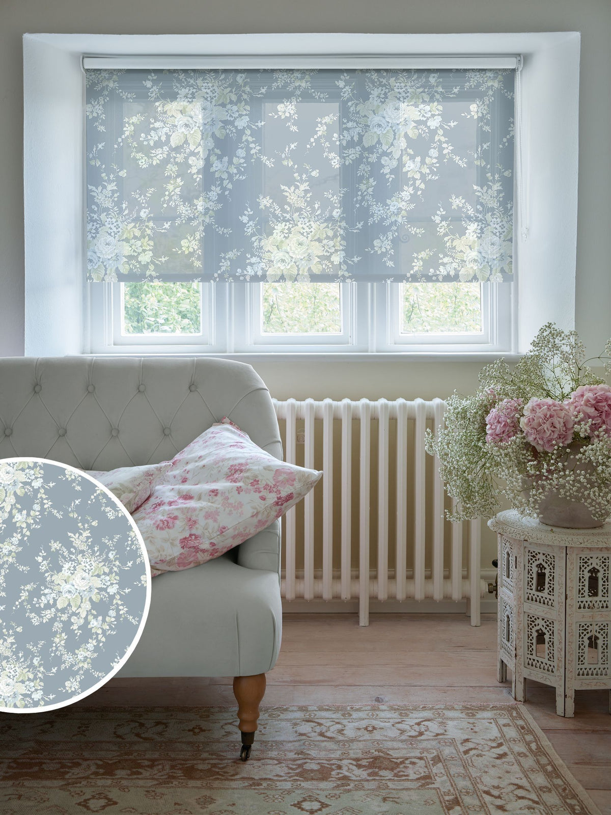 Shabby Chic roller blind dusky blue garden floral print sheer, imported from the UK