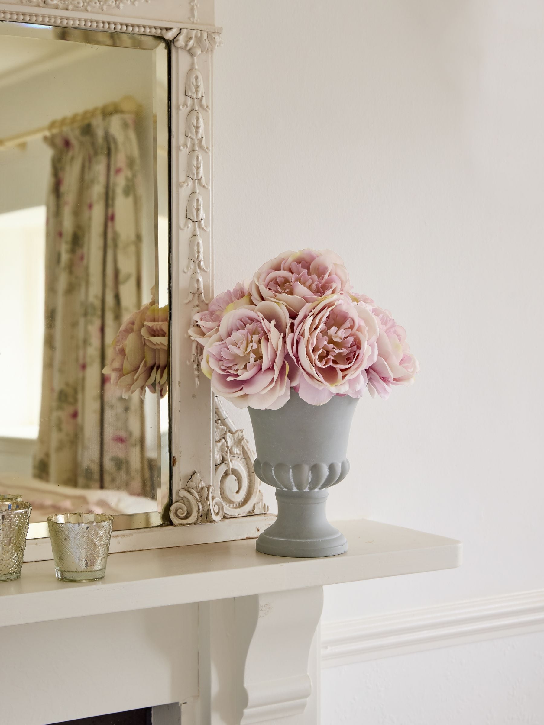 Shabby Chic pink artificial peonies in urn, UK version