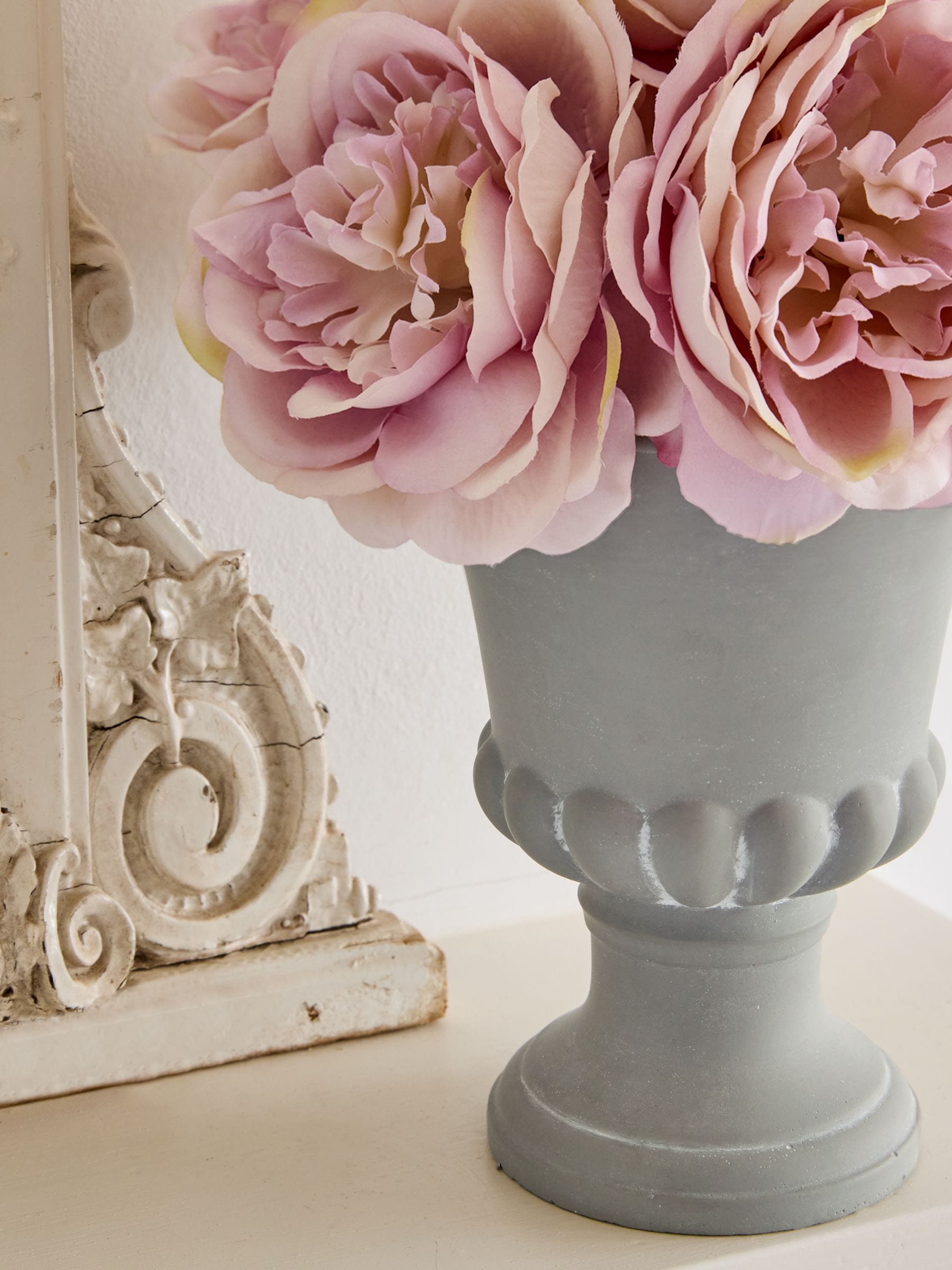 Shabby Chic pink artificial peonies in urn, UK version