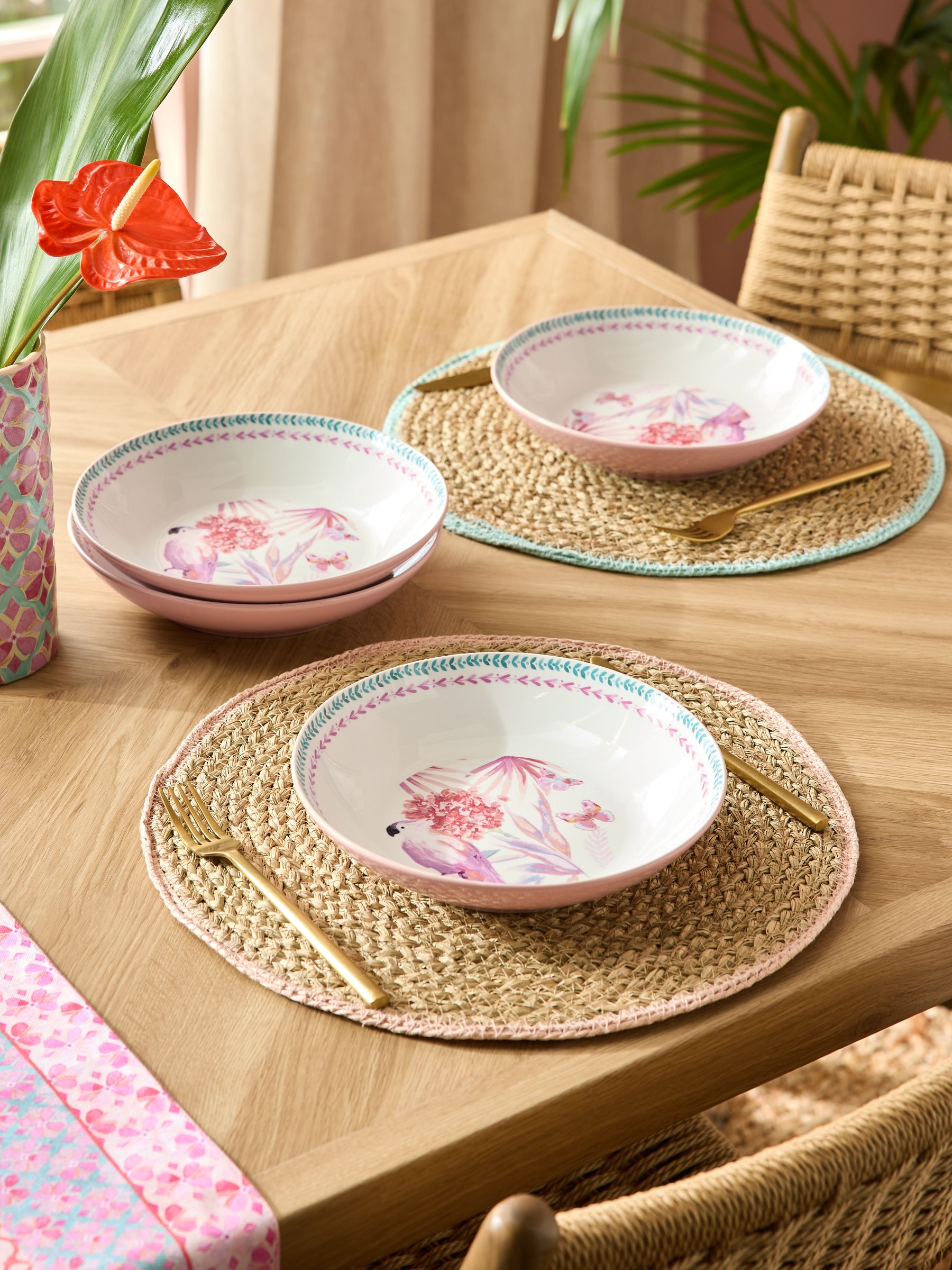 Pasta bowls set of 4, pink floral tropical bird design (British brand)