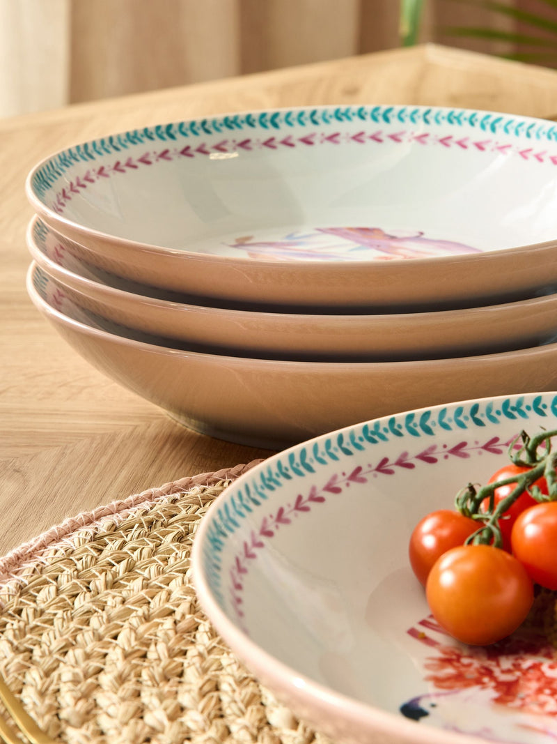 Pasta bowls set of 4, pink floral tropical bird design (British brand)