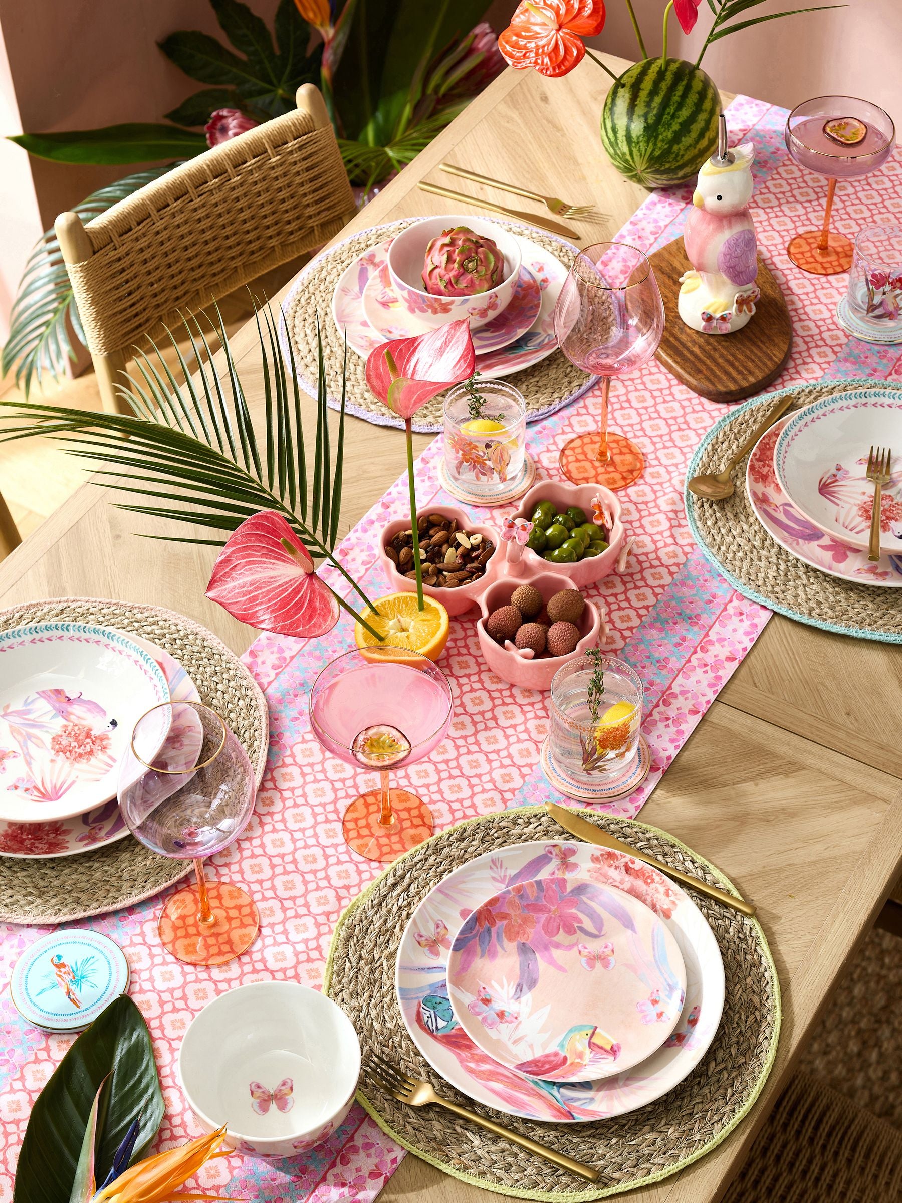 Pasta bowls set of 4, pink floral tropical bird design (British brand)