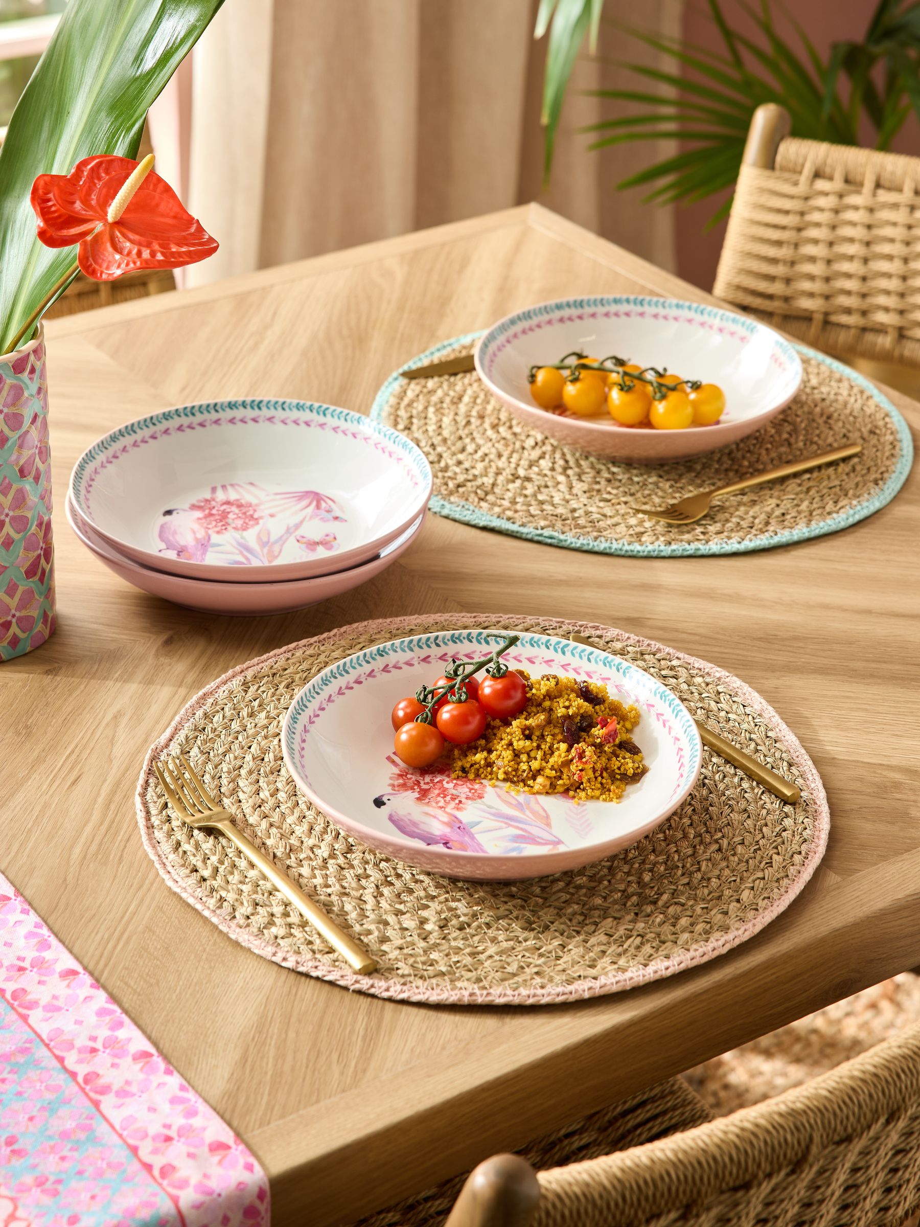 Pasta bowls set of 4, pink floral tropical bird design (British brand)