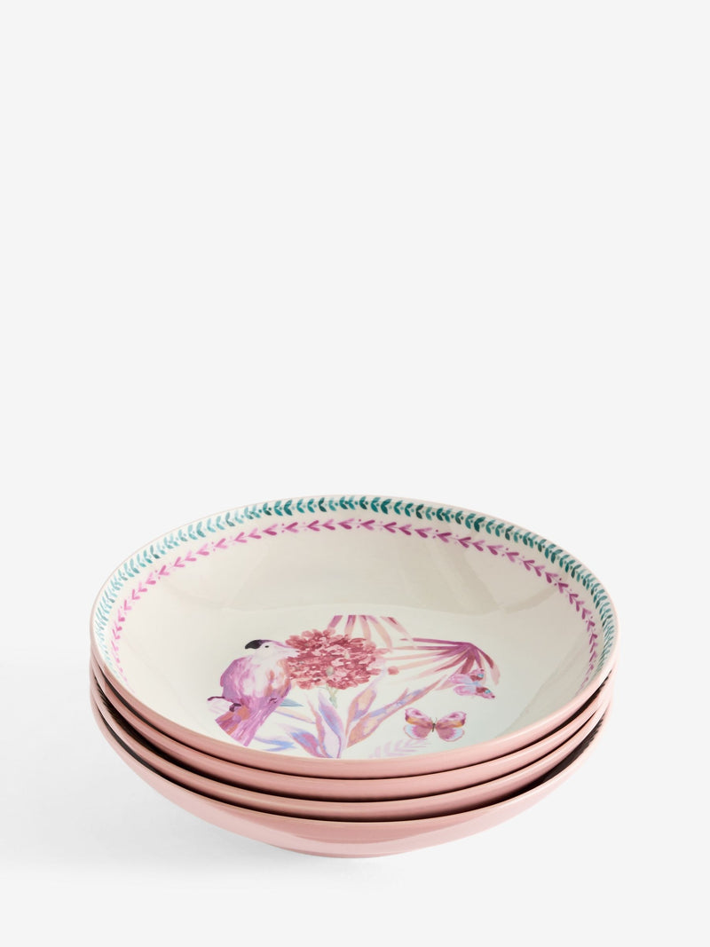 Pasta bowls set of 4, pink floral tropical bird design (British brand)