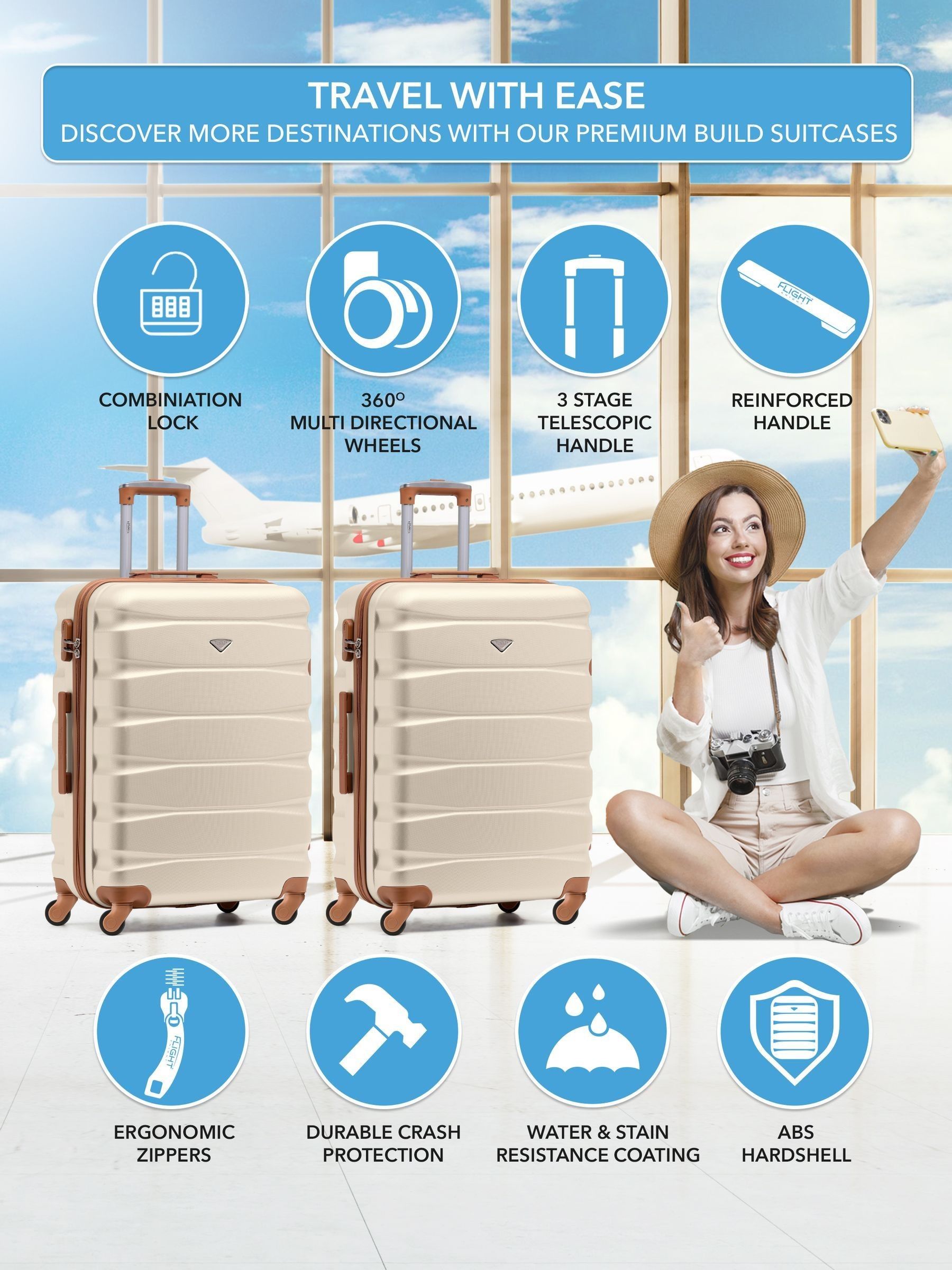 Flight Knight cream medium check-in luggage hardcase suitcase, UK version