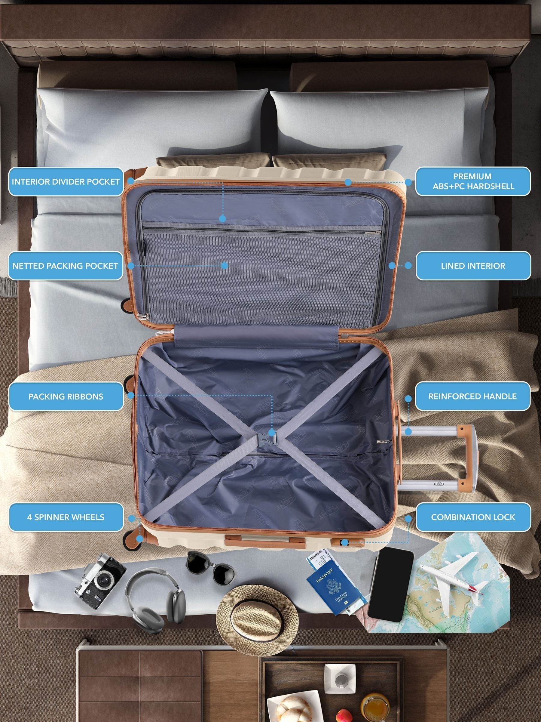 Flight Knight cream medium check-in luggage hardcase suitcase, UK version