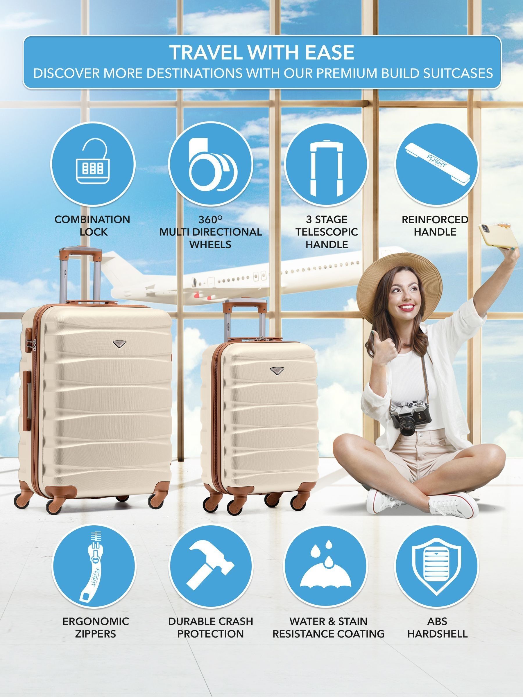 Flight Knight cream hardcase travel set of 2 sizes, imported from the UK