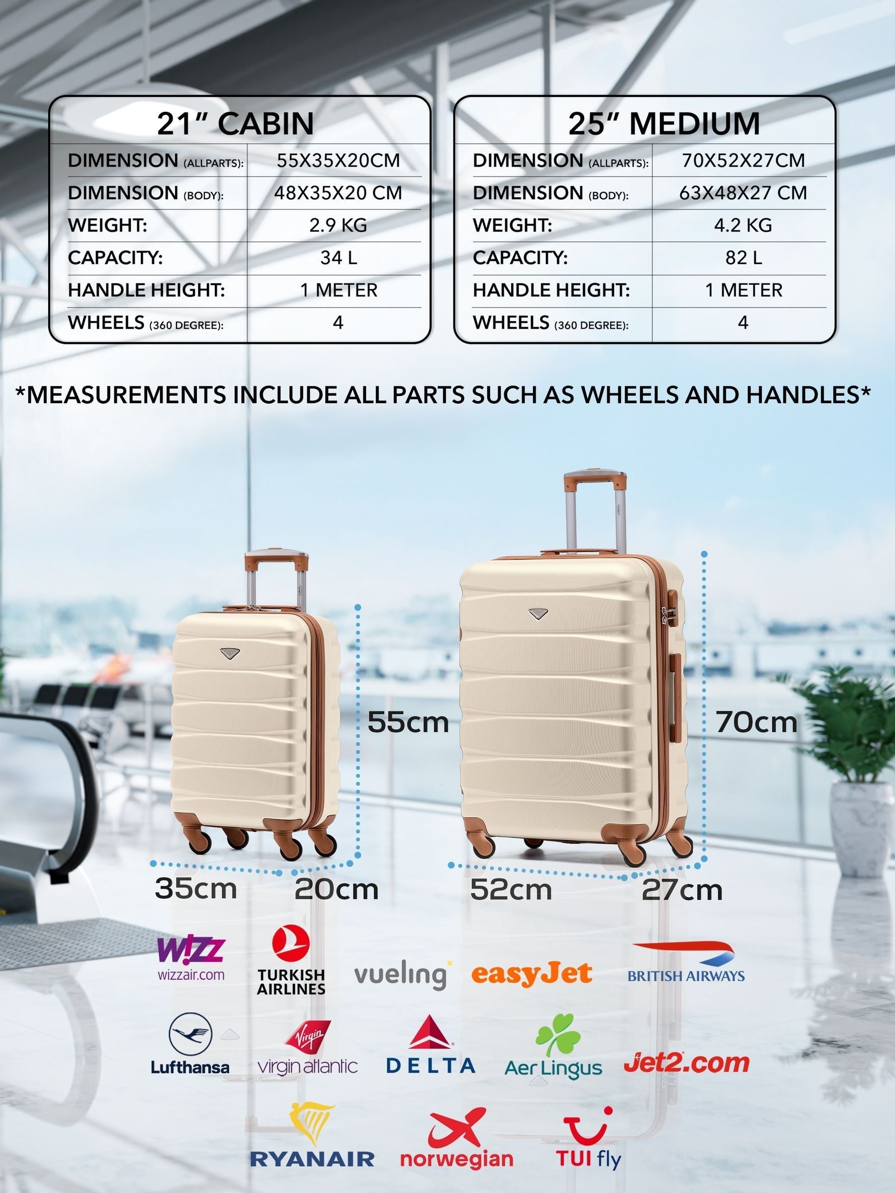 Flight Knight cream hardcase travel set of 2 sizes, imported from the UK