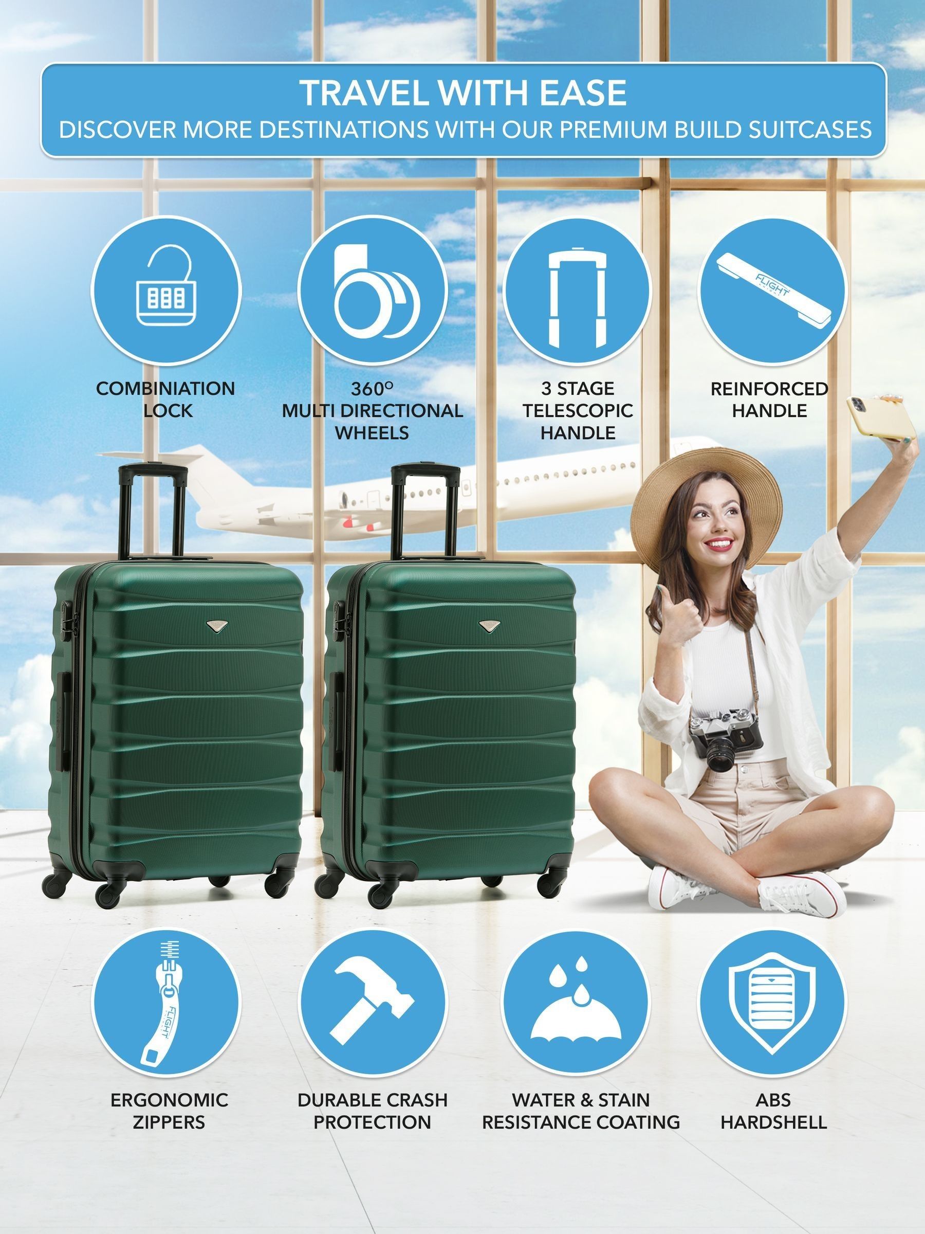 Flight Knight green medium hardcase suitcase set - British product
