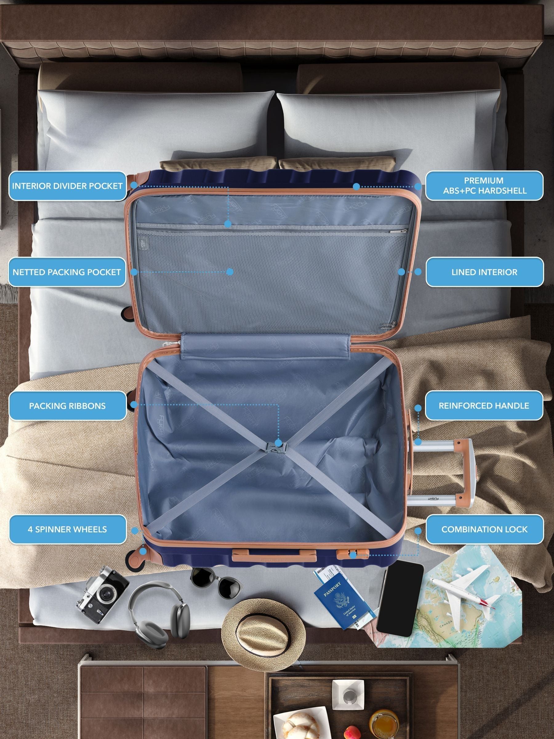 Flight Knight blue medium hardcase luggage set, imported from the UK