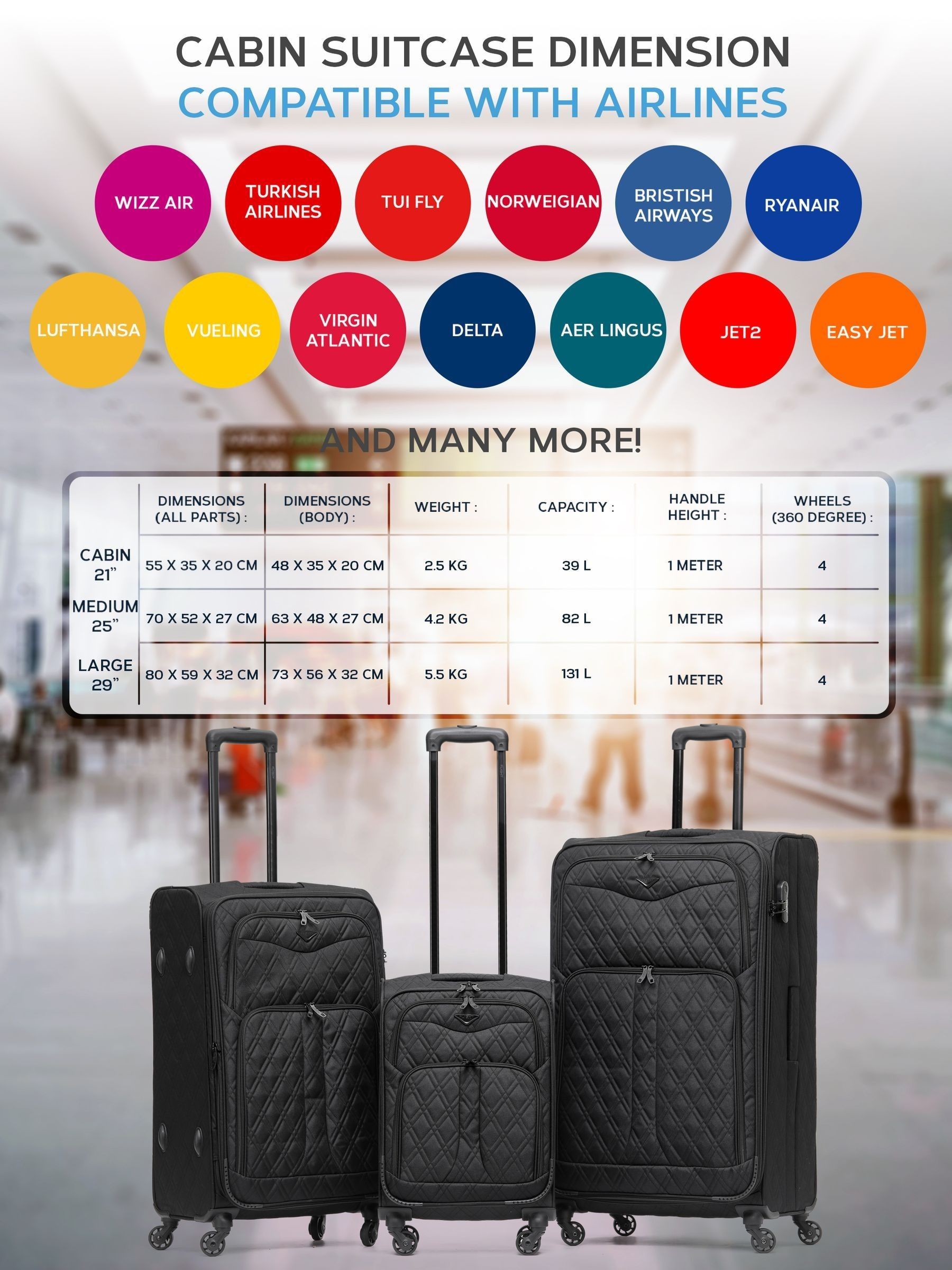Flight Knight 3-piece blue soft case luggage set, imported from the UK