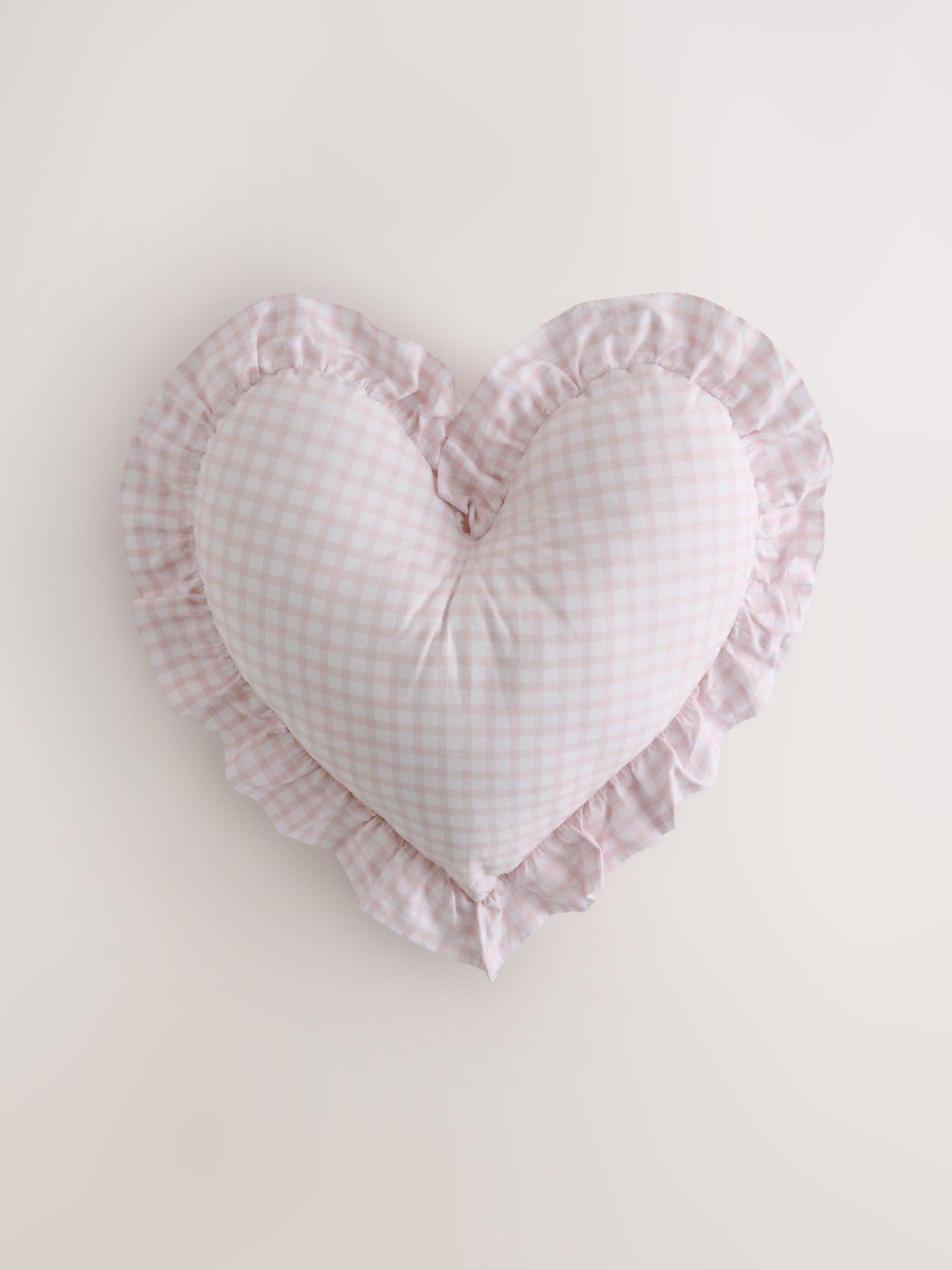 Pink ruffle gingham heart cushion, UK version