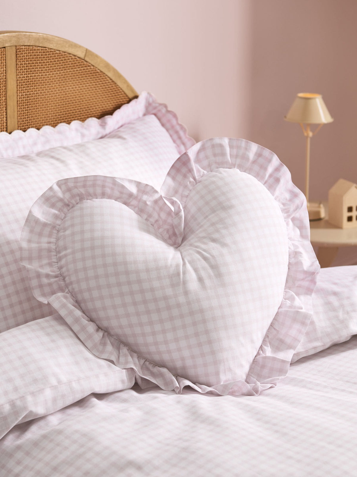 Pink ruffle gingham heart cushion, UK version