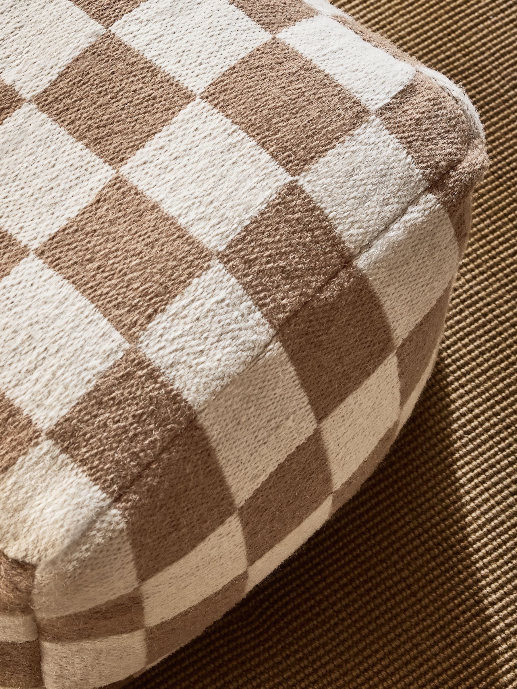 Natural woven check cube pouffe in wool blend (British brand)
