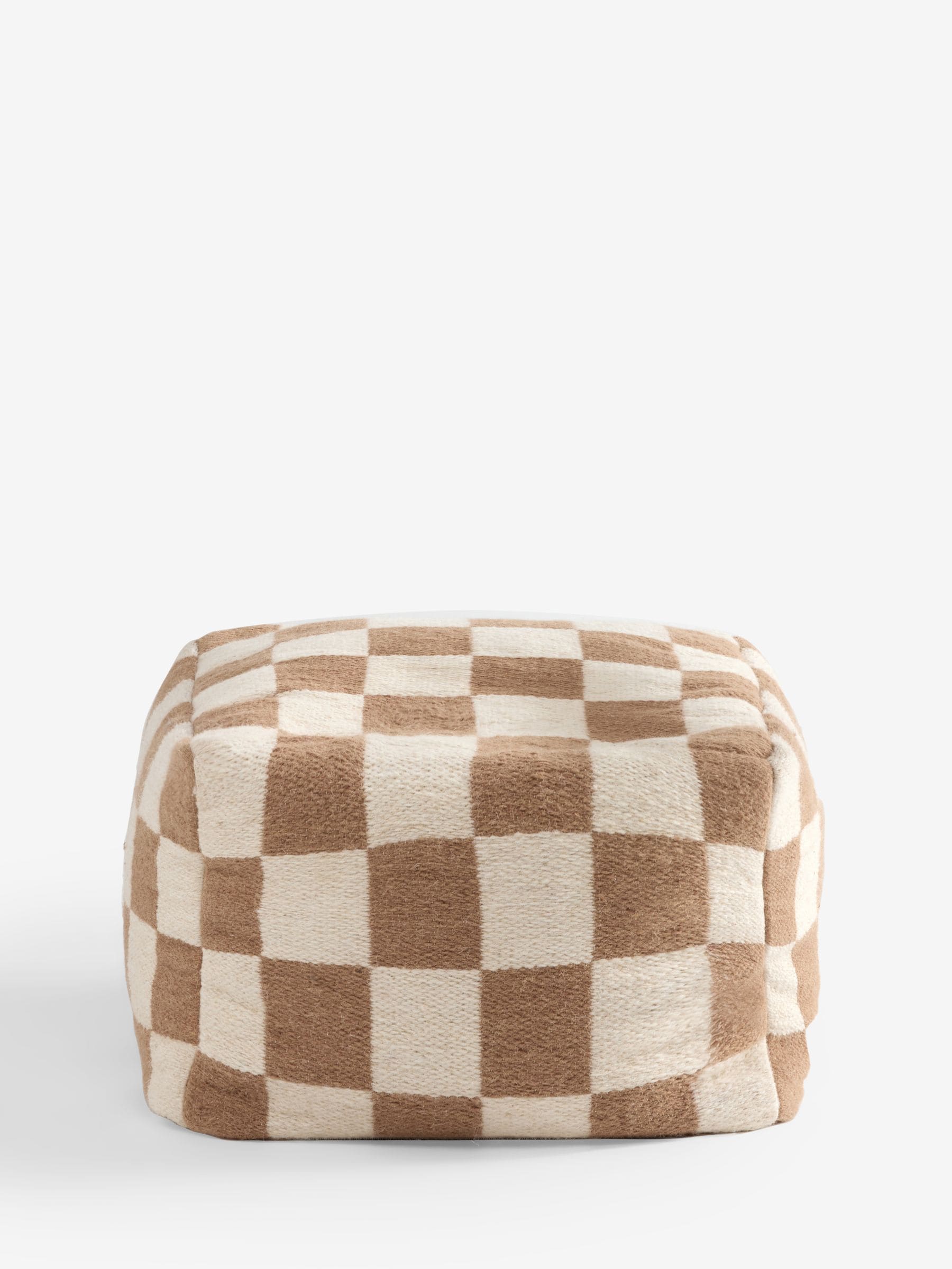 Natural woven check cube pouffe in wool blend (British brand)
