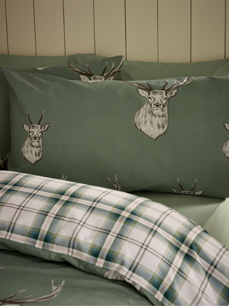 Catherine Lansfield Soft Green Christmas Stag Check Reversible Duvet Cover Set