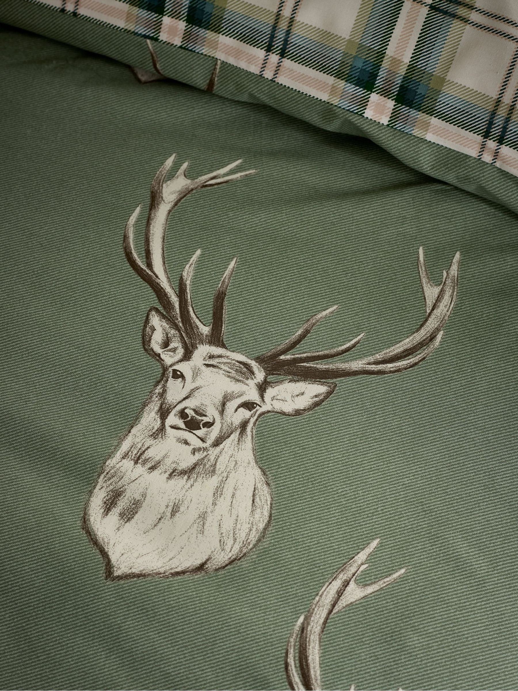 Catherine Lansfield soft green Christmas stag check reversible duvet cover set - British product