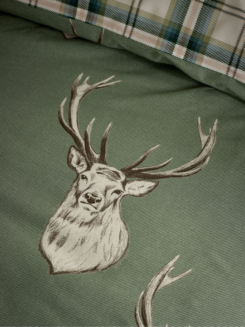 Catherine Lansfield Soft Green Christmas Stag Check Reversible Duvet Cover Set