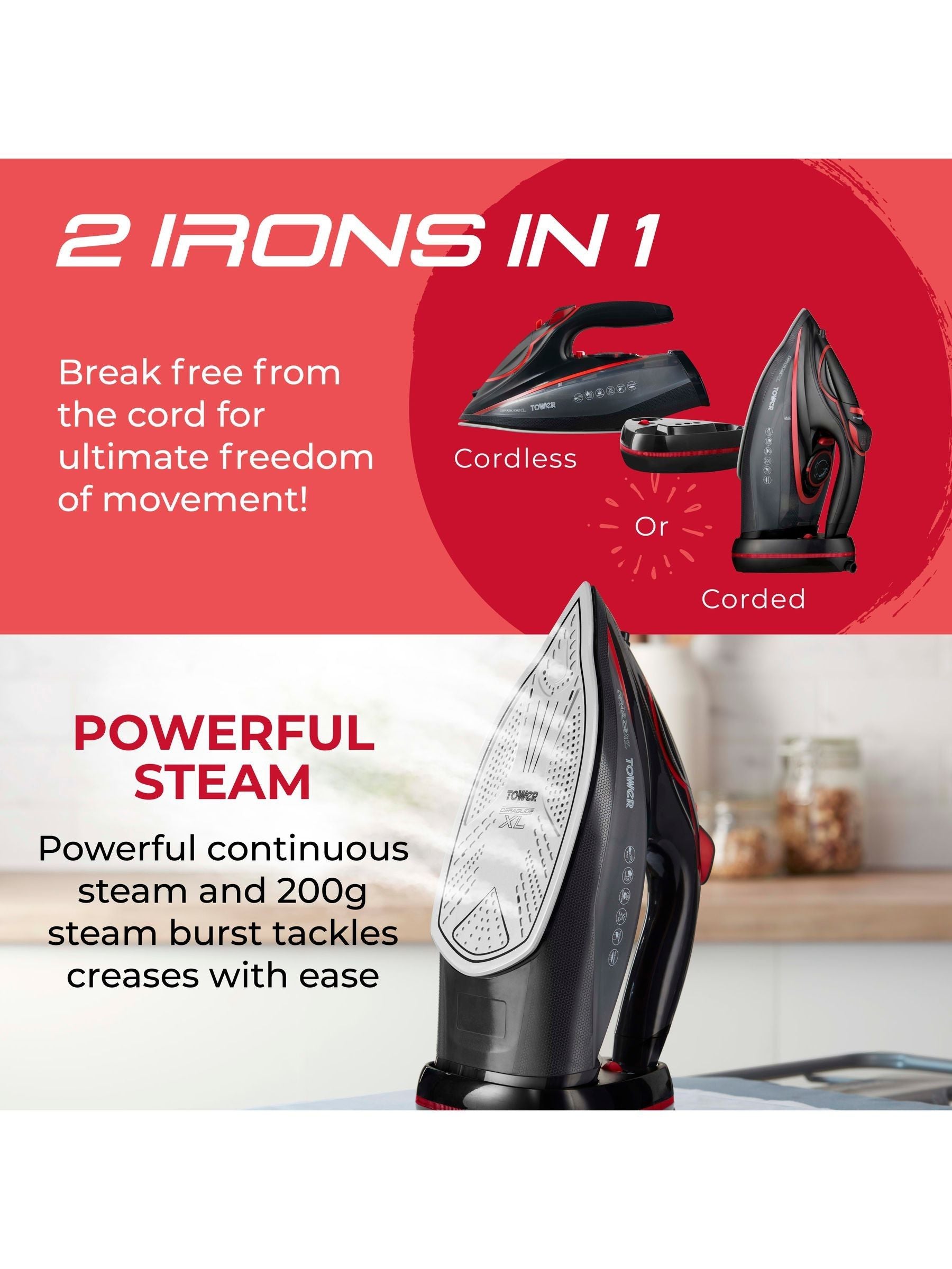Tower steam iron red/black ceramic soleplate, imported from the UK