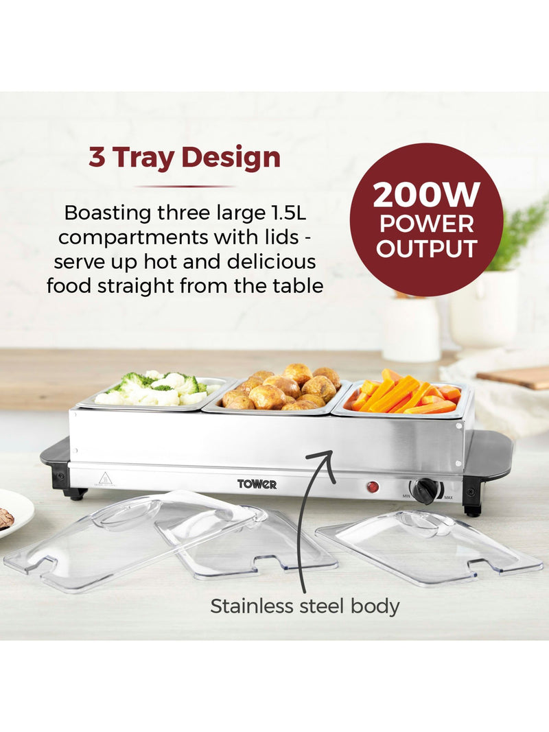 Tower Stainless Steel Buffet Server with 3 x 1.5L Tray Capacity