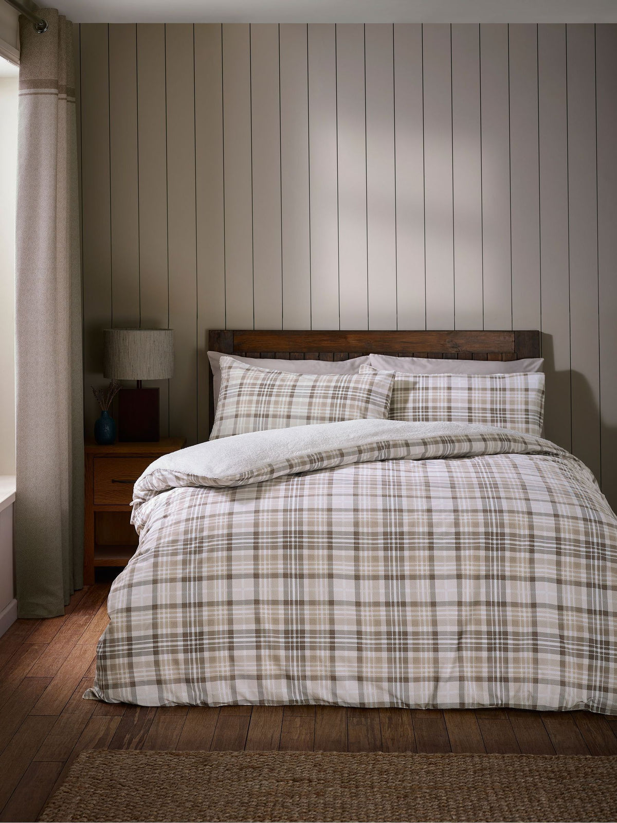 Catherine Lansfield natural cosy sherpa check duvet cover set - British product