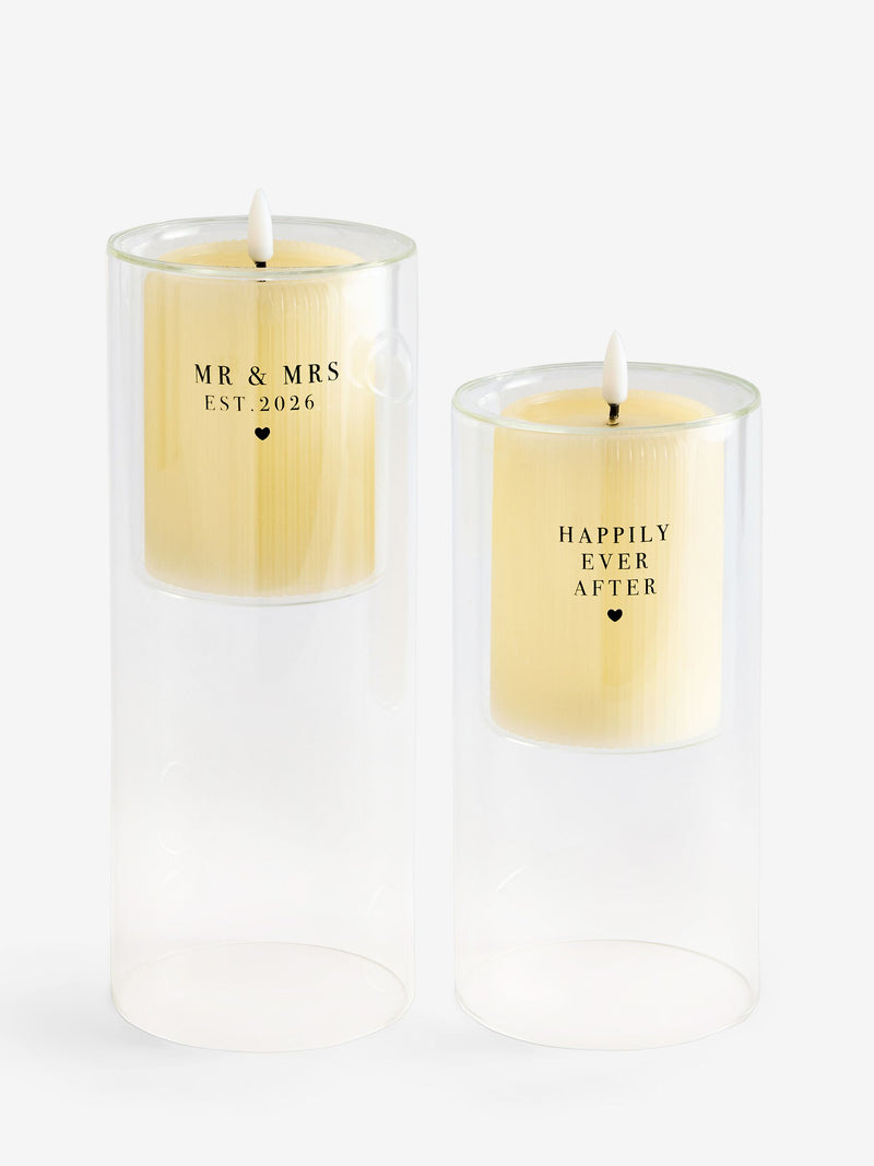Monochrome Mr and Mrs LED candle set 25cm, UK version