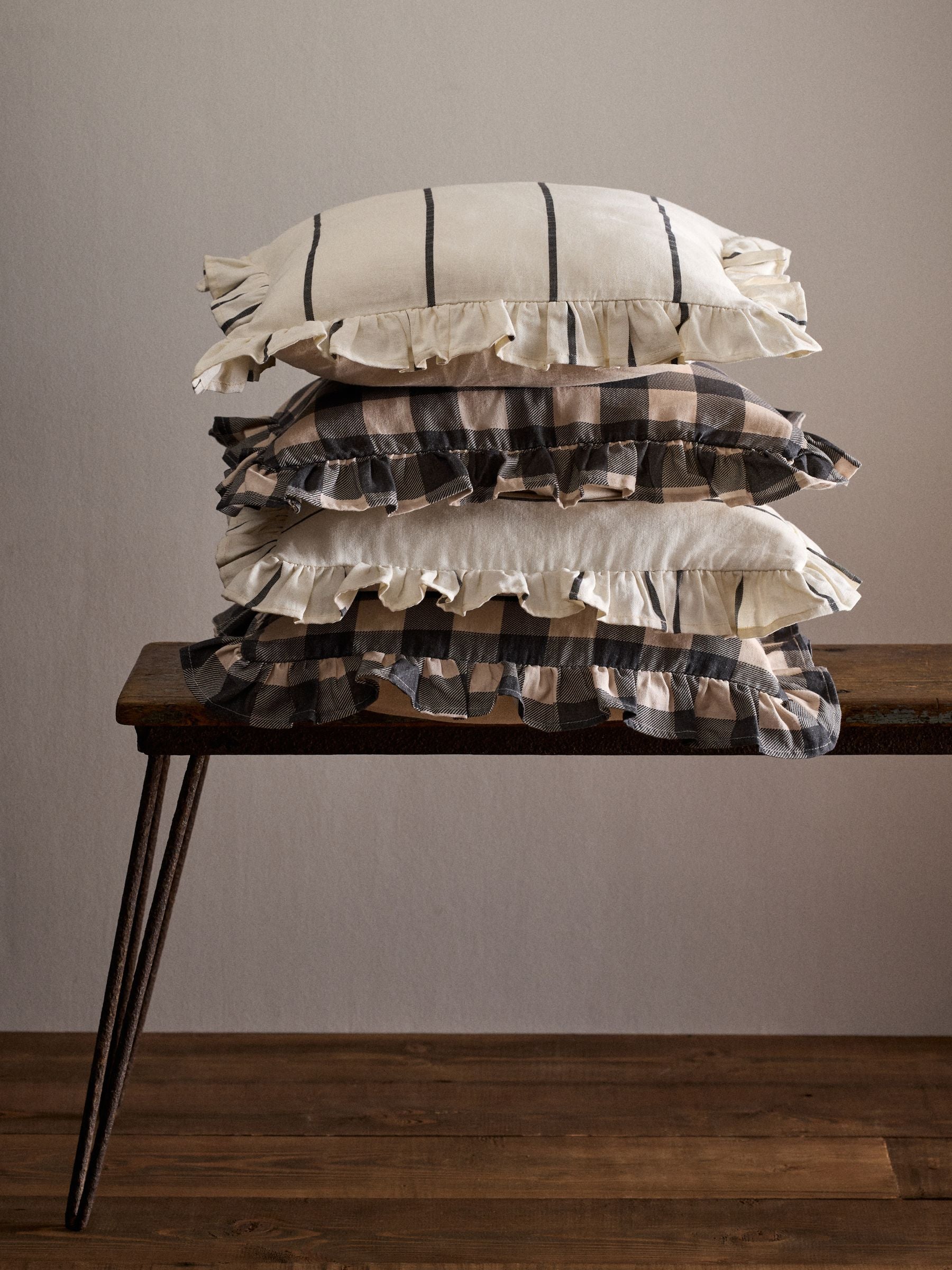 The Set 4 Pack Black/Cream Stripe Ruffle Cotton Cushion Covers