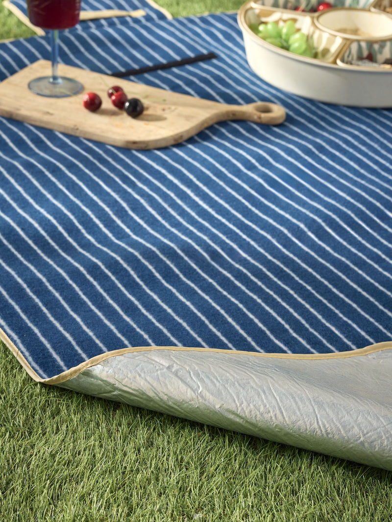 Blue stripe fleece picnic blanket waterproof backing, imported from the UK
