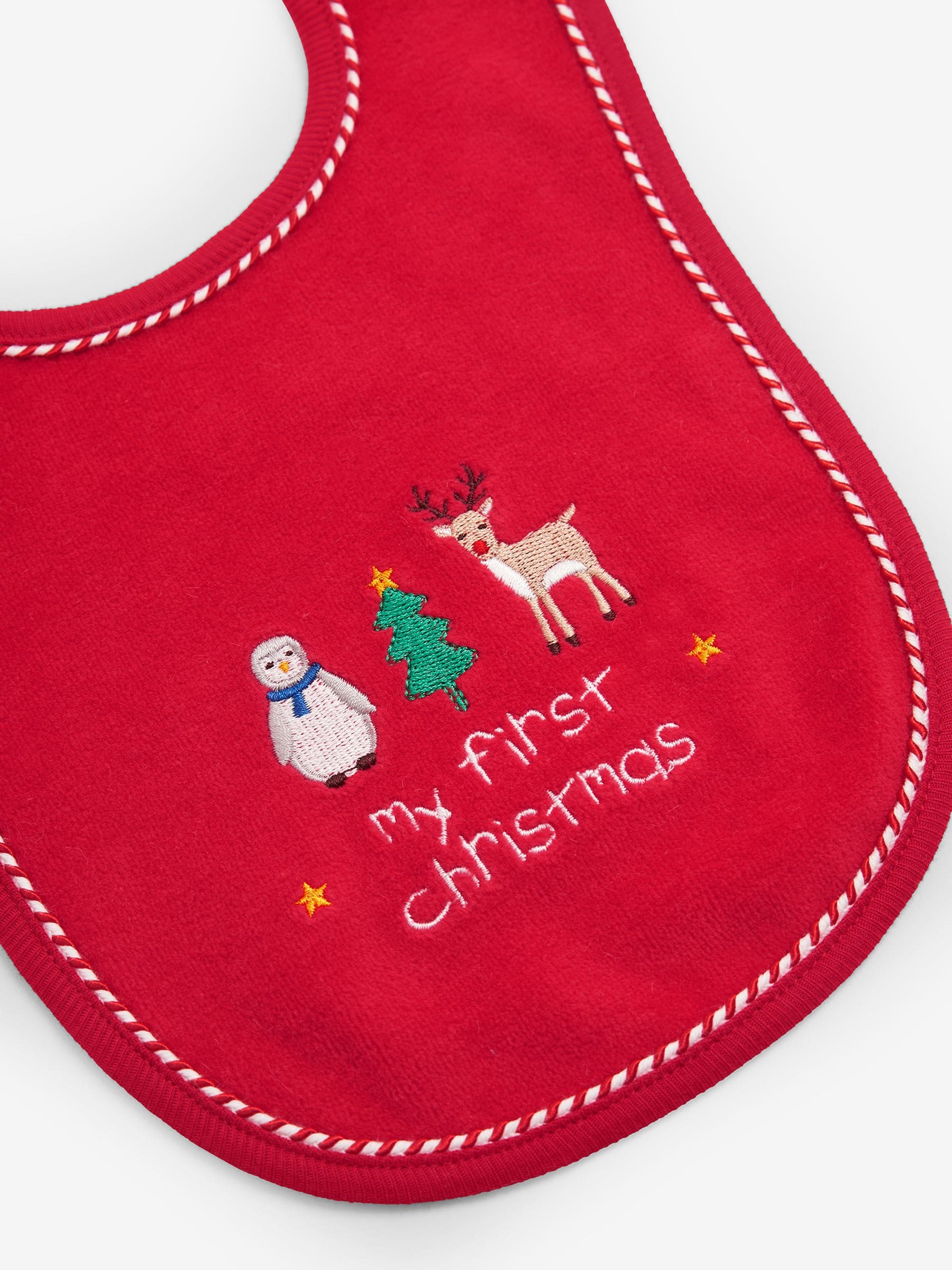 JoJo Maman Bébé red bib for first Christmas, imported from the UK