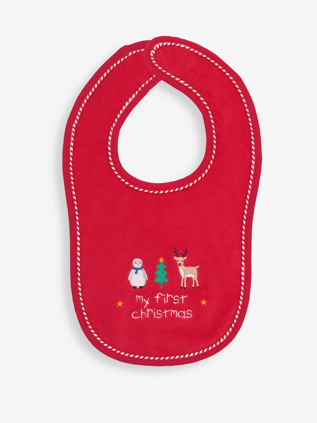 JoJo Maman Bébé red bib for first Christmas, imported from the UK