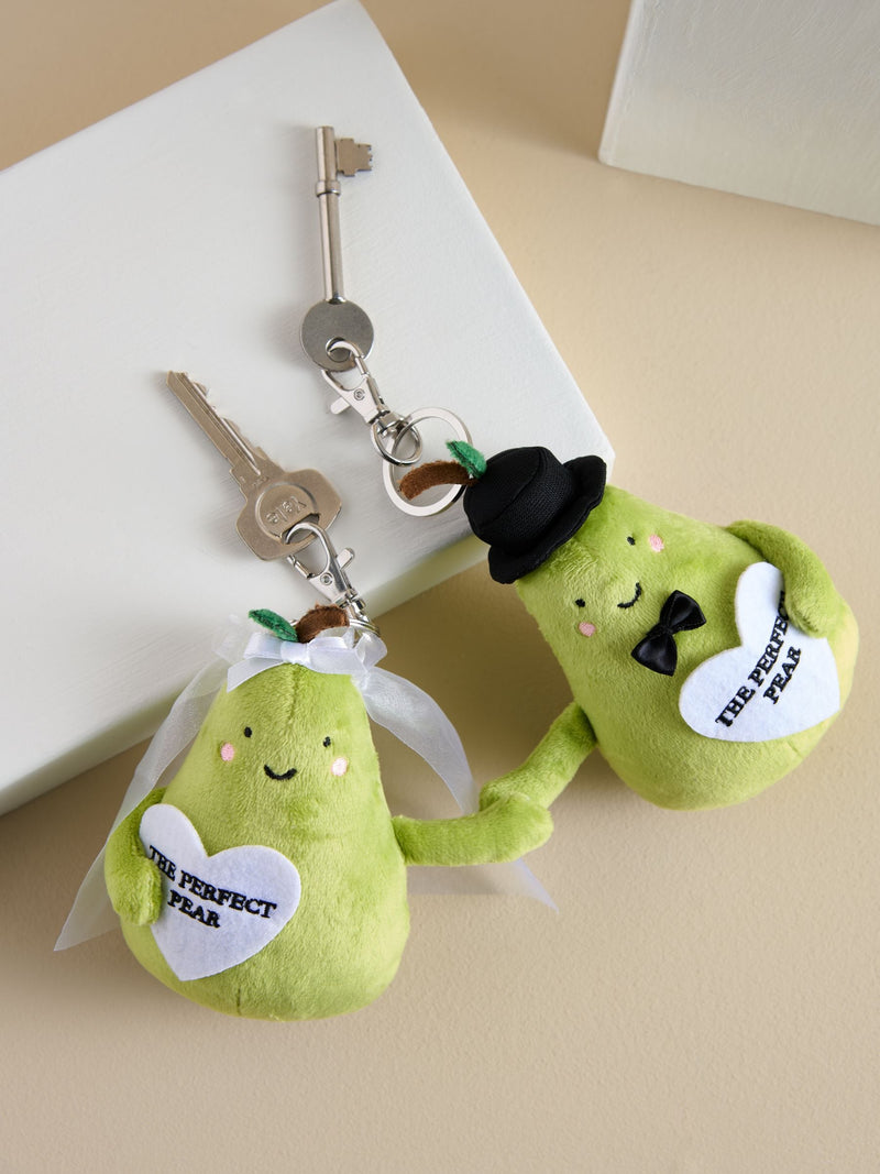 Green plush pear bag charm for weddings, imported from the UK