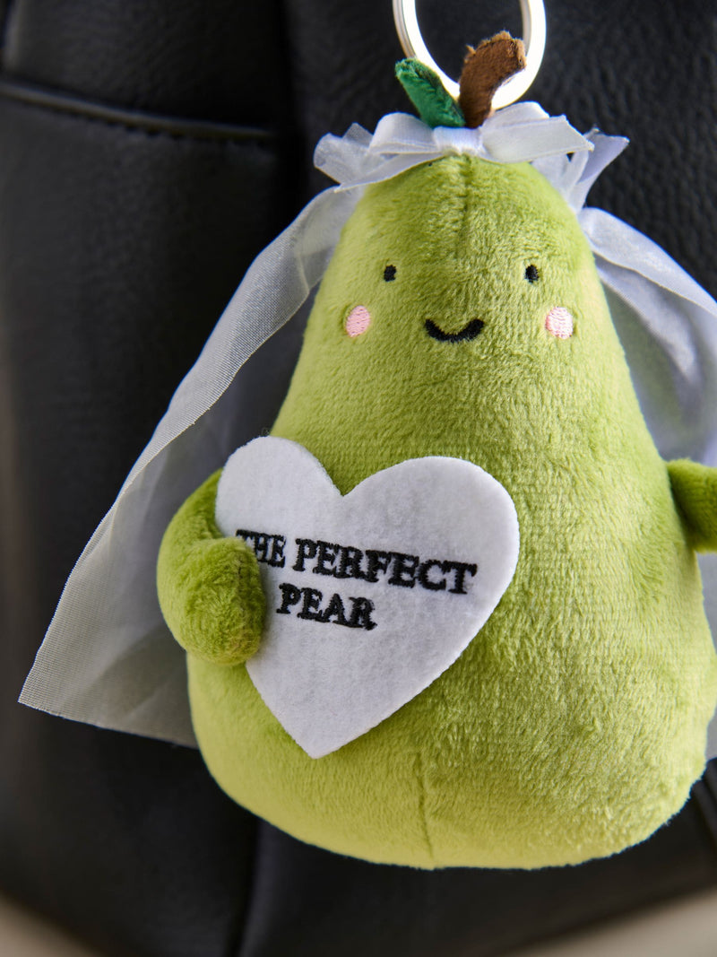 Green plush pear bag charm for weddings, imported from the UK