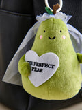Green plush pear bag charm for weddings, imported from the UK