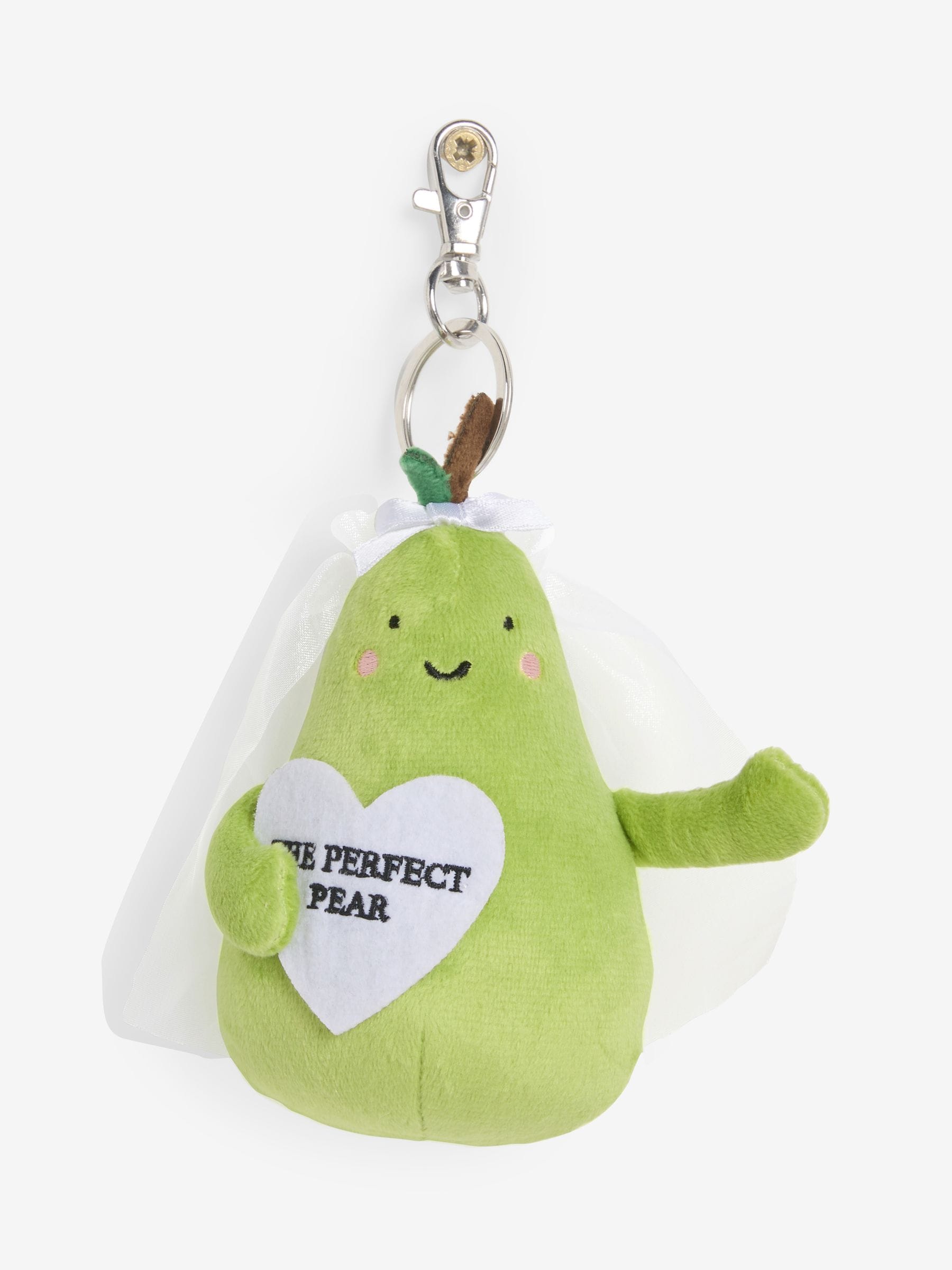 Green plush pear bag charm for weddings, imported from the UK