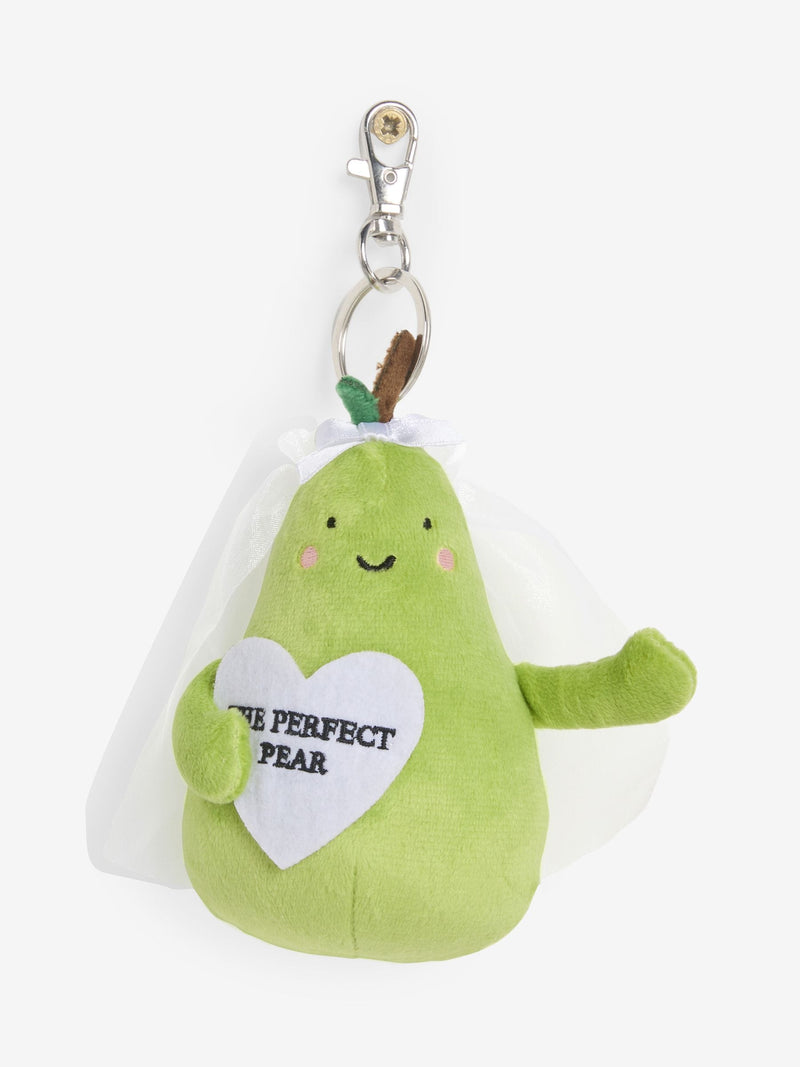 Green plush pear bag charm for weddings, imported from the UK