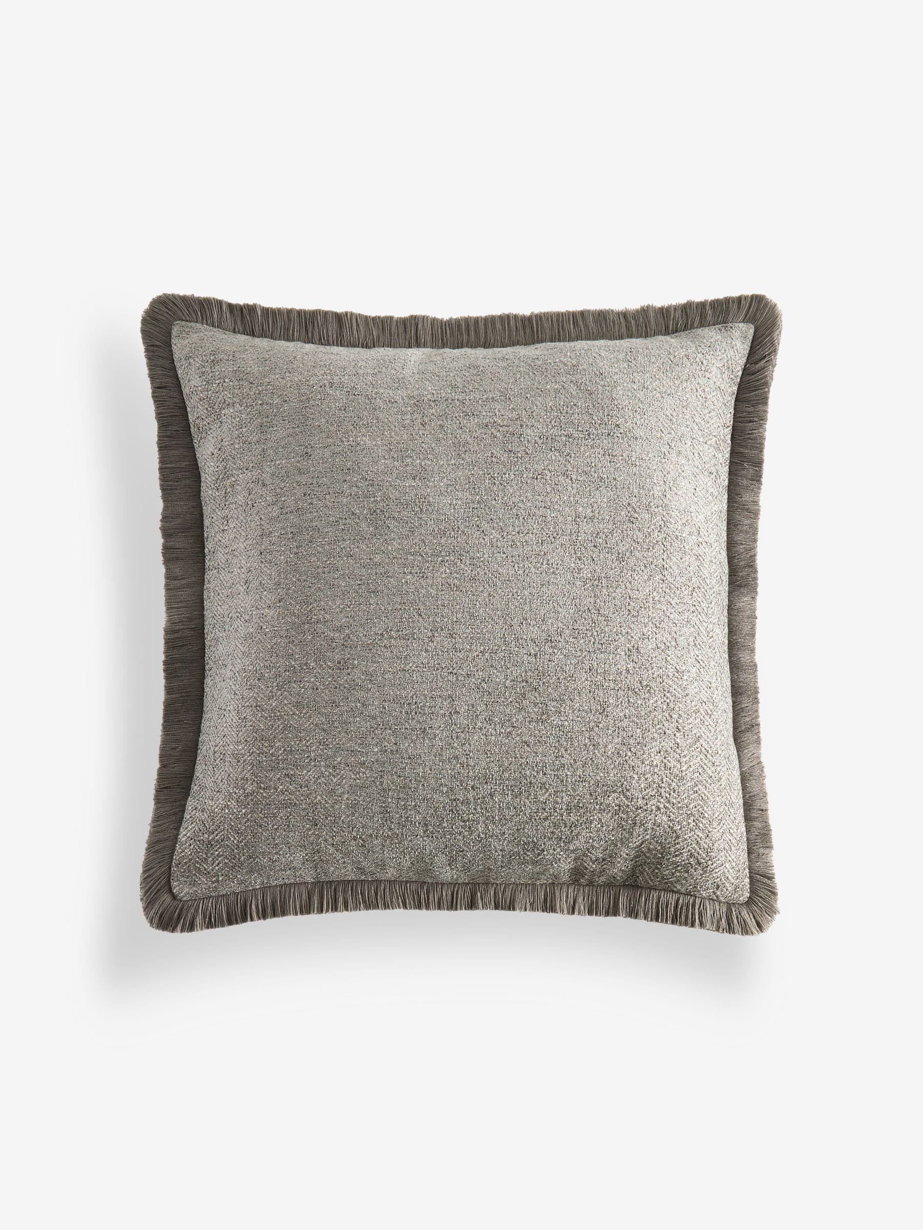 Grey herringbone fringe cushion 50x50cm, imported from the UK