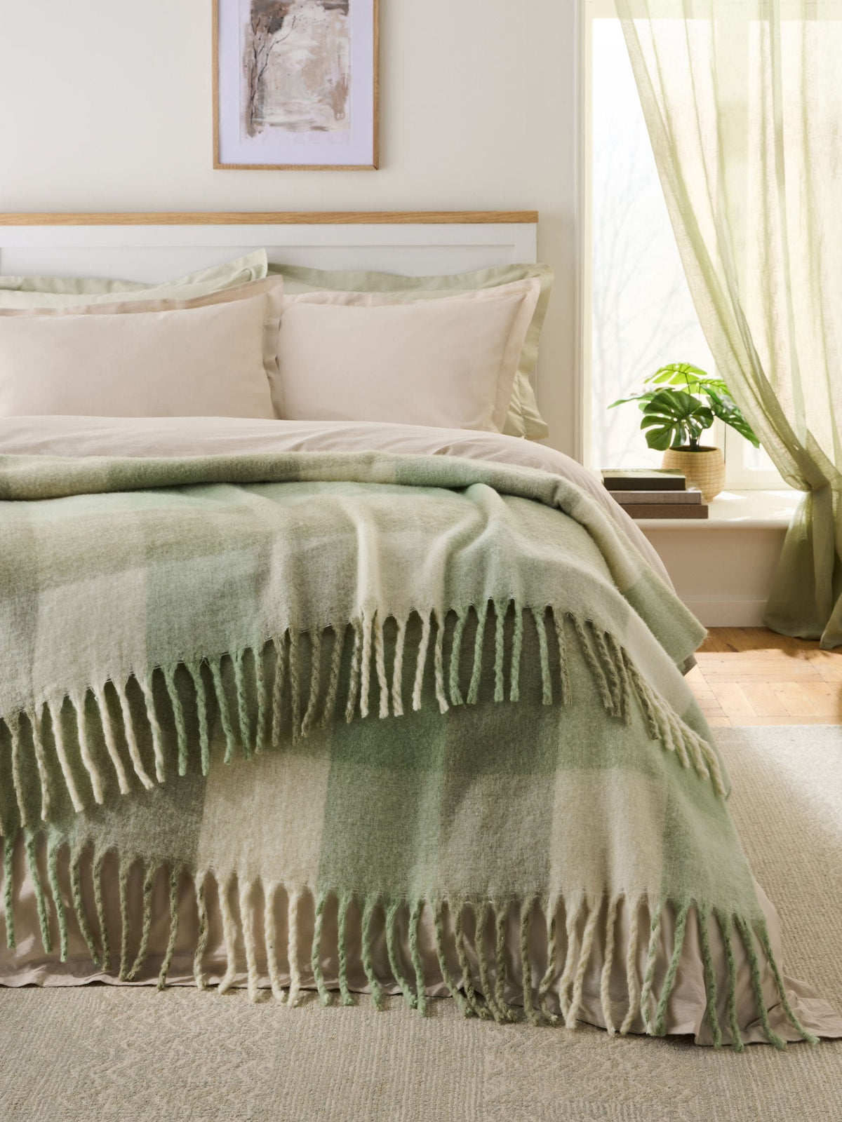 Sage Green Cosy Check Throw wool blend, UK version
