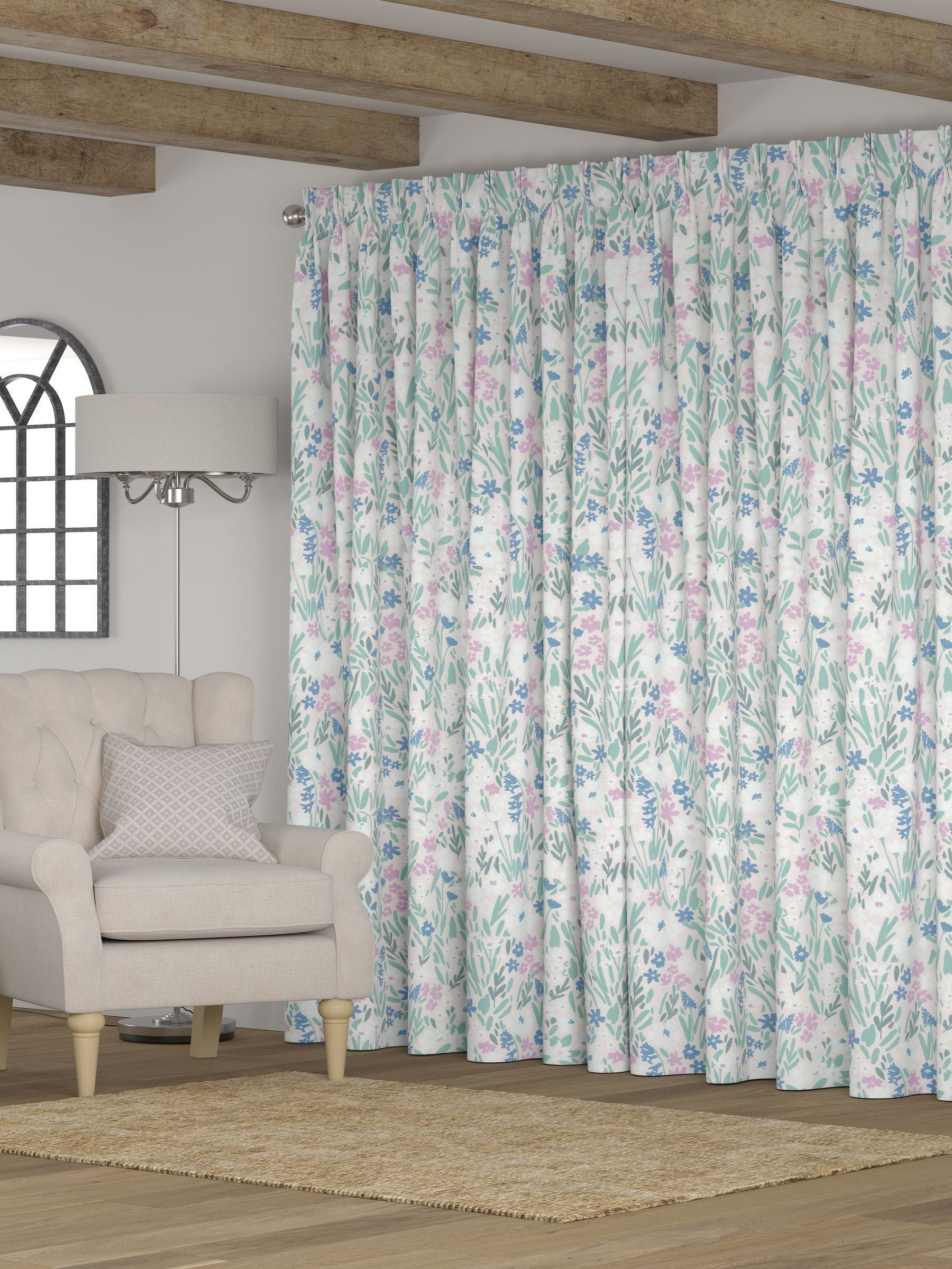 Purple gouache floral made to measure curtains, British brand